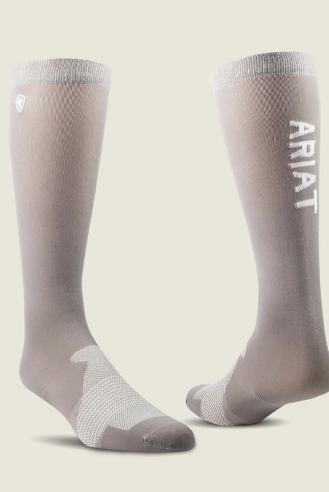 Ariat AriatTek Essential Socks in grey with white logo branding, reinforced heel and toe, shown as knee-high riding socks