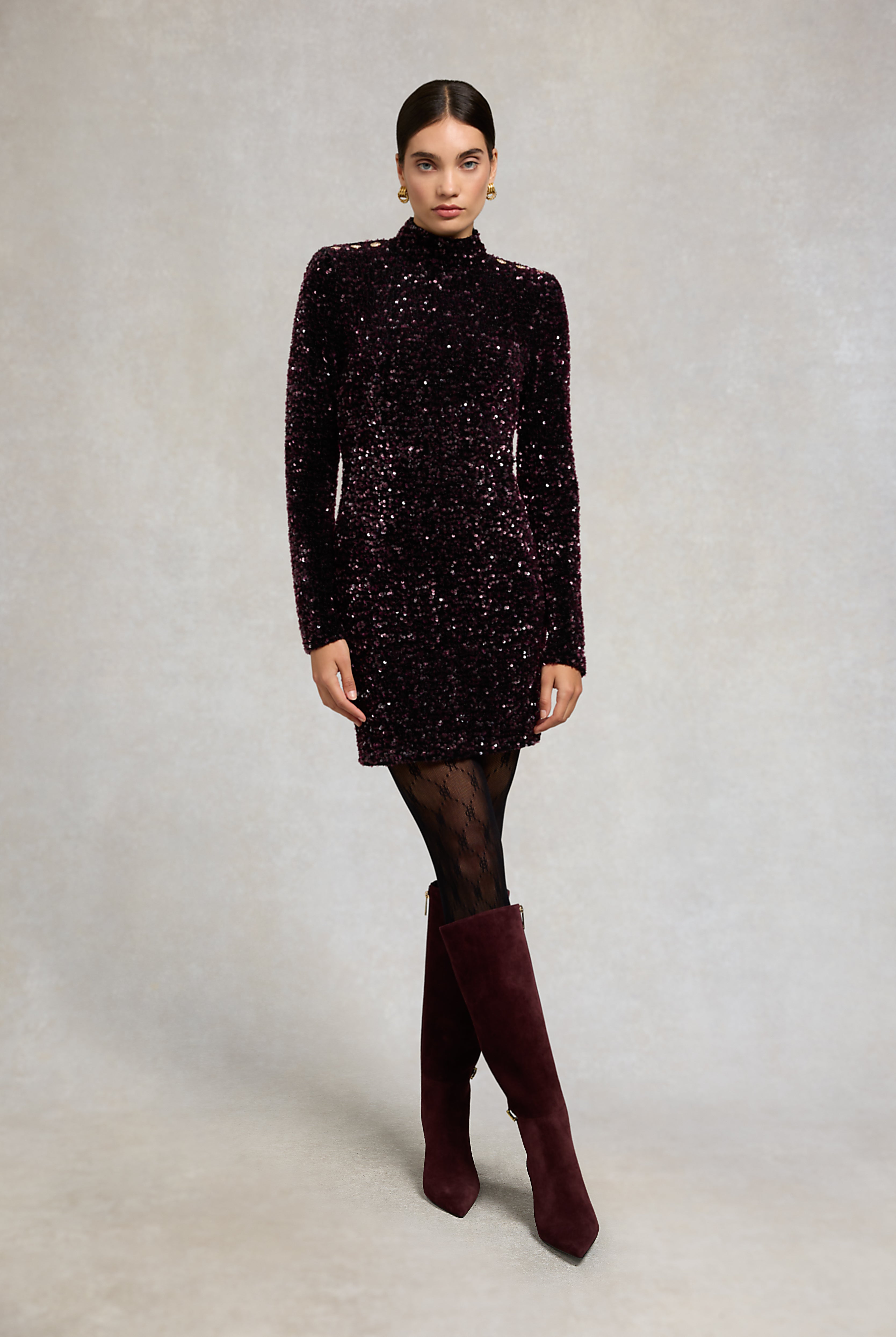 Holland Cooper Cara Sequin Mini Dress #Colour_Burgundy