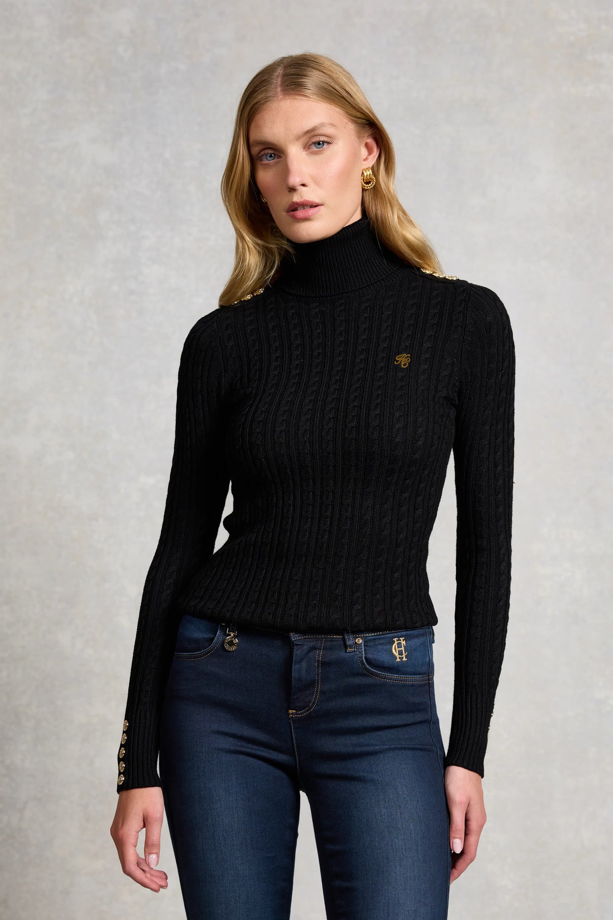 Holland Cooper Seattle Roll Neck Cable Knit #Colour_Black