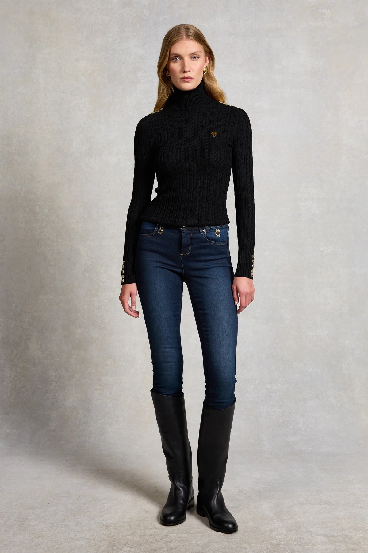 Holland Cooper Seattle Roll Neck Cable Knit #Colour_Black