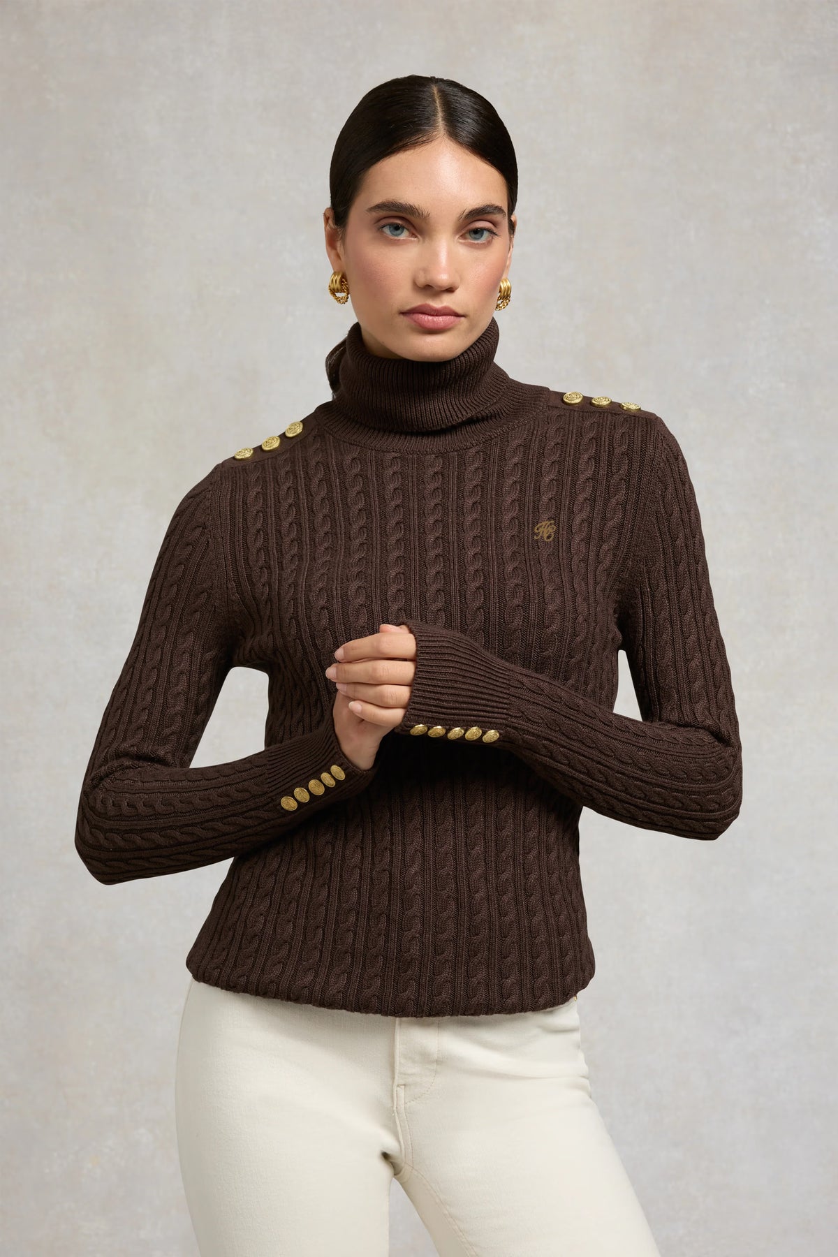 Holland Cooper Seattle Roll Neck Cable Knit #Colour_Chocolate