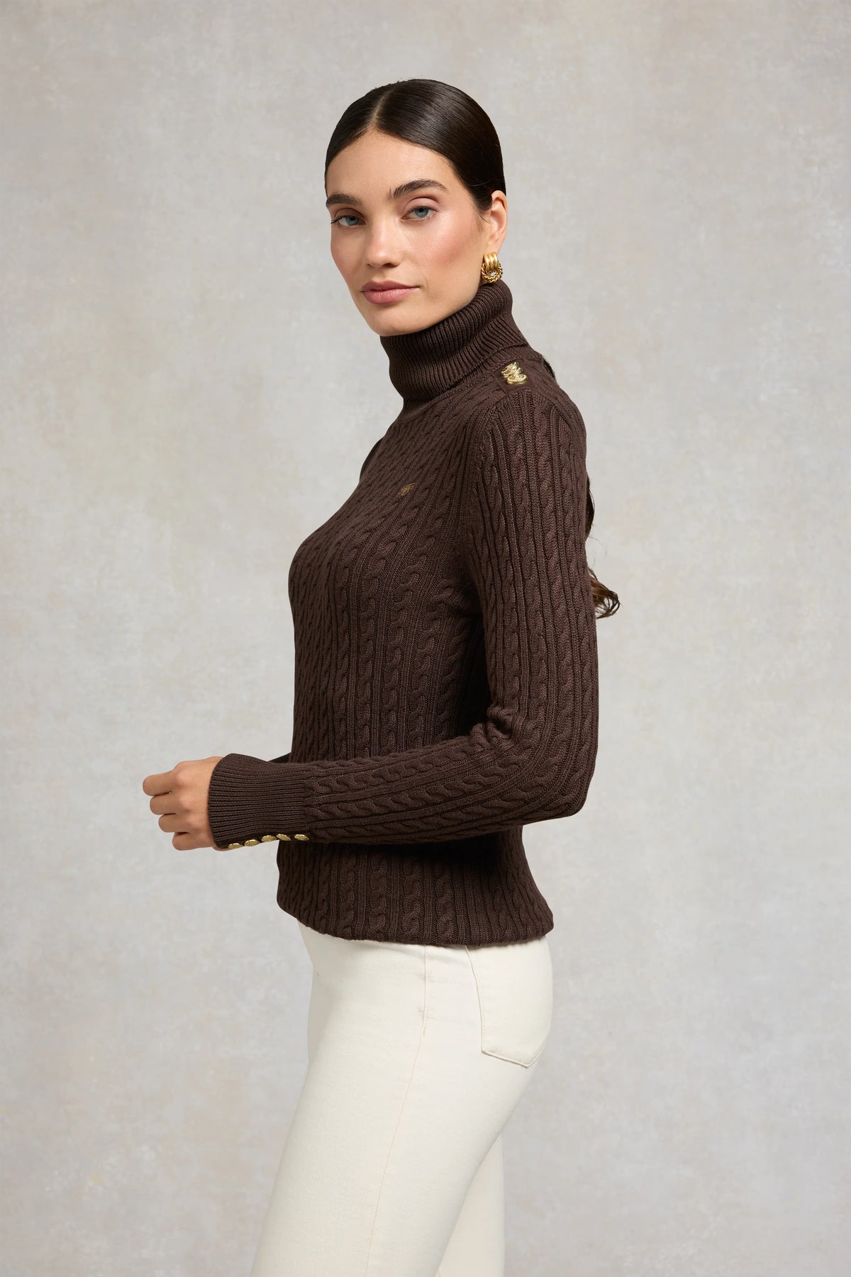 Holland Cooper Seattle Roll Neck Cable Knit #Colour_Chocolate
