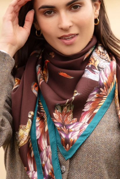 Clare Haggas Large Square Silk Scarf #Colour_Chocolate & Teal