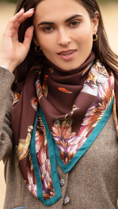Clare Haggas Large Square Silk Scarf #Colour_Chocolate & Teal