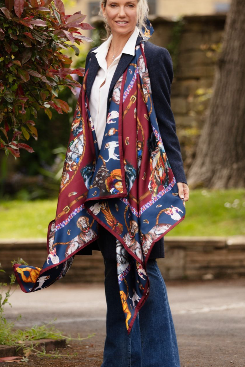 Clare Haggas Large Square Silk Scarf #Colour_Claret & Navy
