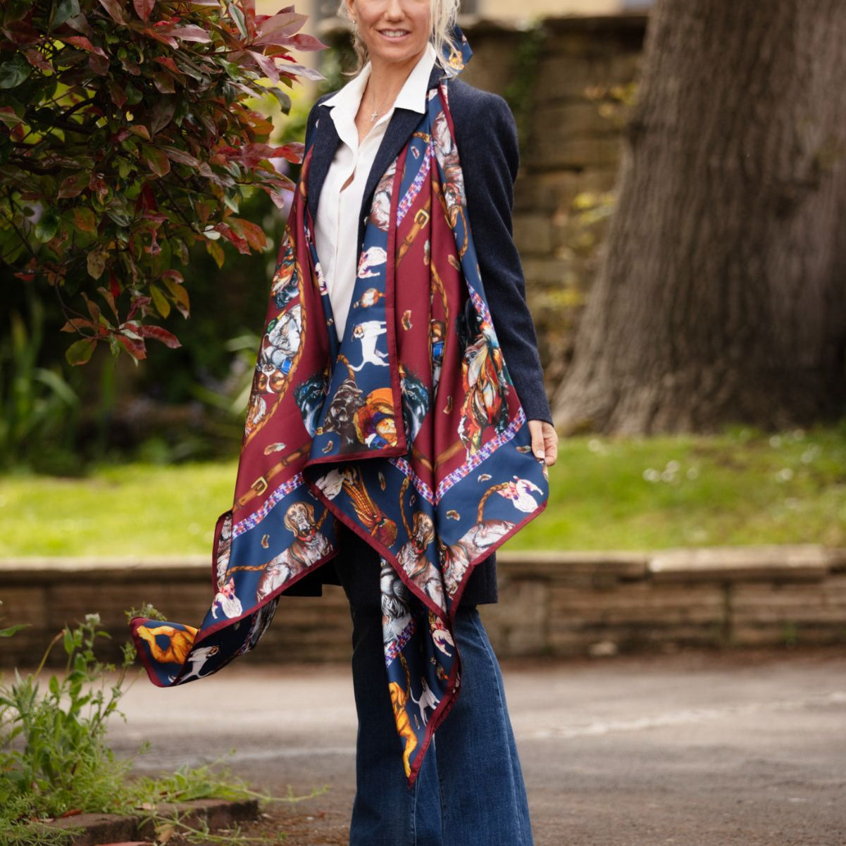 Clare Haggas Large Square Silk Scarf #Colour_Claret & Navy