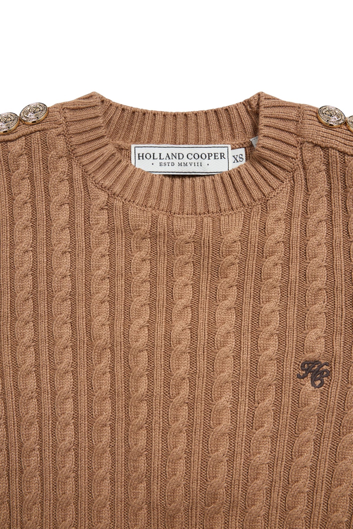 Holland Cooper Seattle Cable Crew Knit #Colour_Dark Camel