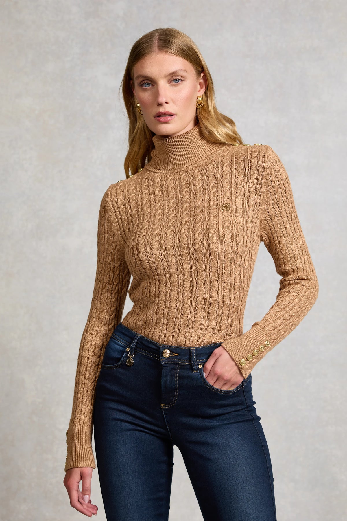Holland Cooper Seattle Roll Neck Cable Knit #Colour_Dark Camel Marl