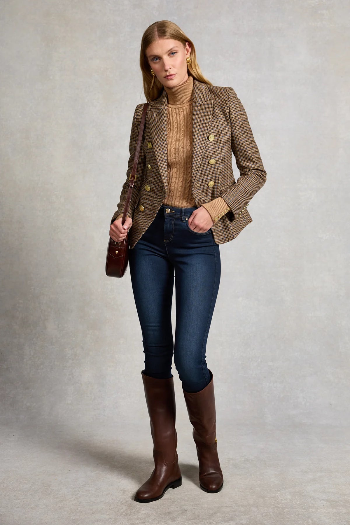 Holland Cooper Seattle Roll Neck Cable Knit #Colour_Dark Camel Marl