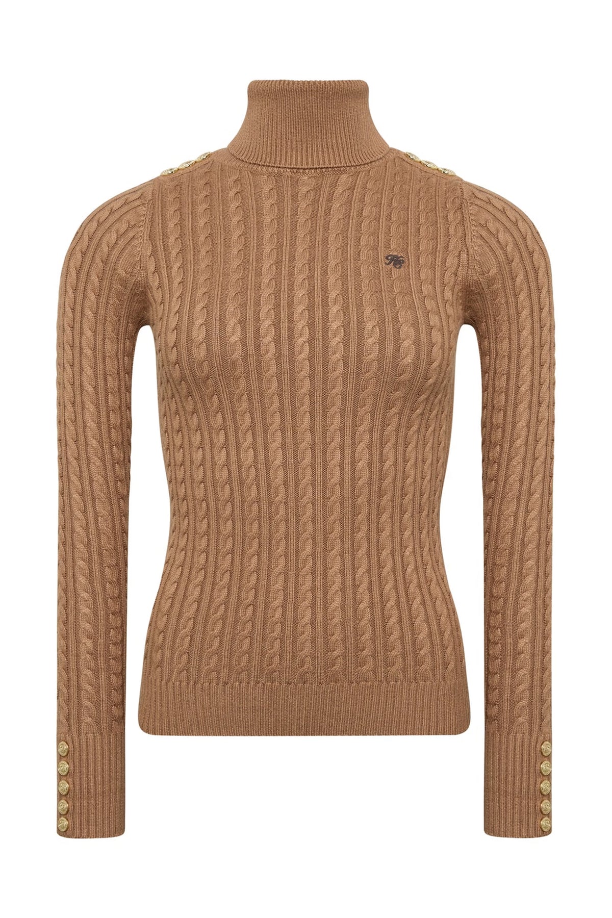 Holland Cooper Seattle Roll Neck Cable Knit #Colour_Dark Camel Marl