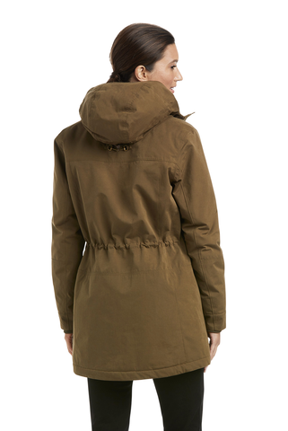 Woman modeling back view of Ariat Argentium Parka in olive green with hood, cinched waist, and mid-thigh length
