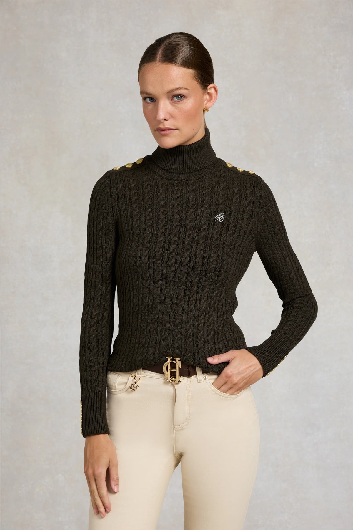 Holland Cooper Seattle Roll Neck Cable Knit #Colour_Fern Green