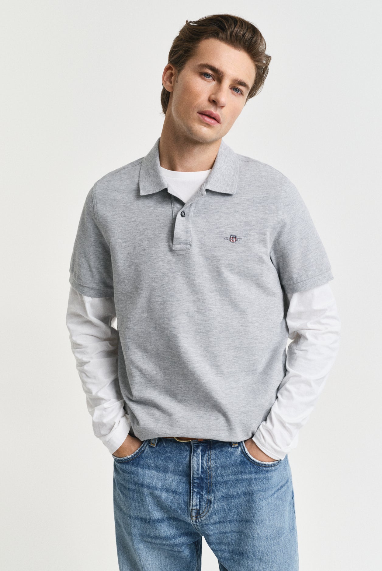 GANT Regular Fit Shield Short Sleeve Pique Polo #Colour_Grey Melange