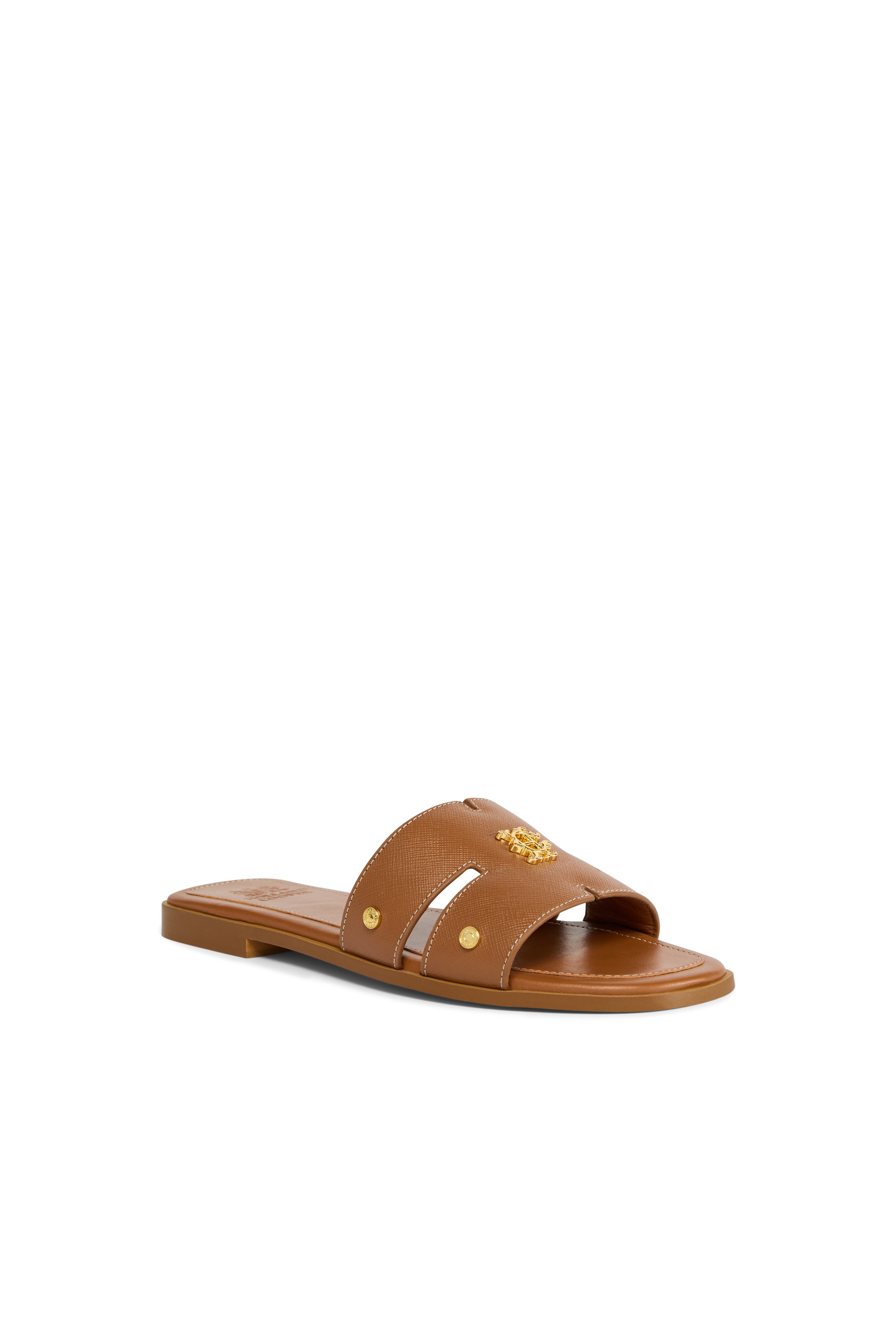 Holland Cooper Tan Saffiano Heraldic Monogram Slides #Colour_Tan Saffiano