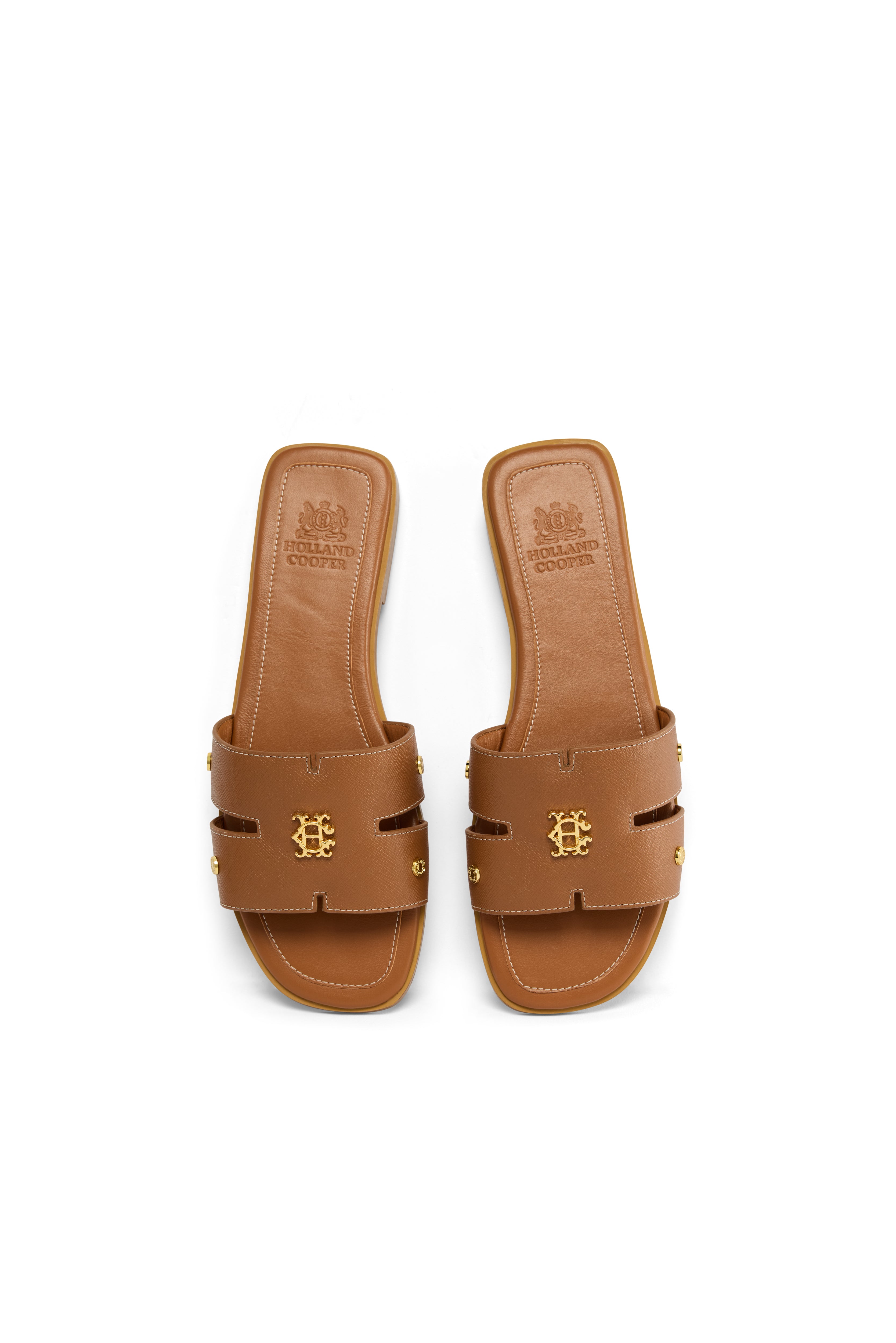 Holland Cooper Tan Saffiano Heraldic Monogram Slides #Colour_Tan Saffiano