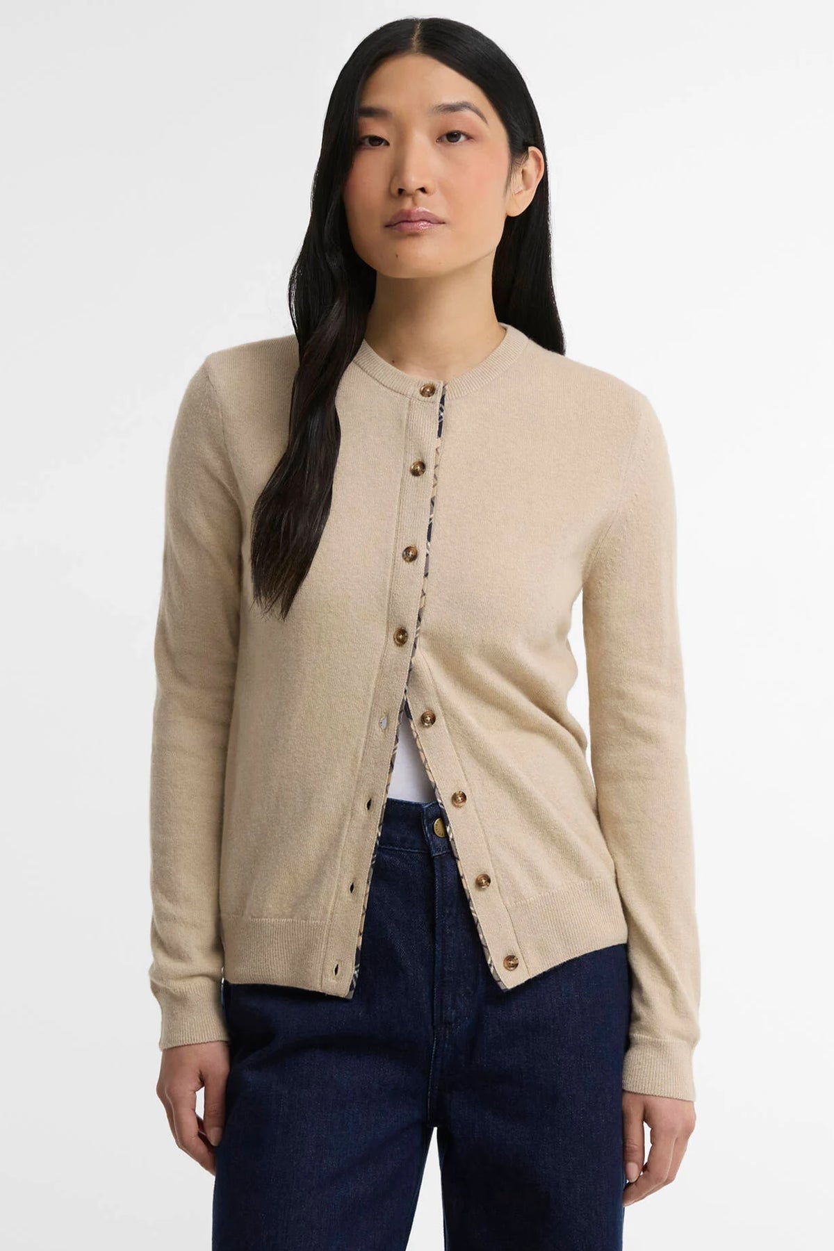 Barbour Pendle Knitted Cardigan #Colour_Honey/Birchwood Tartan