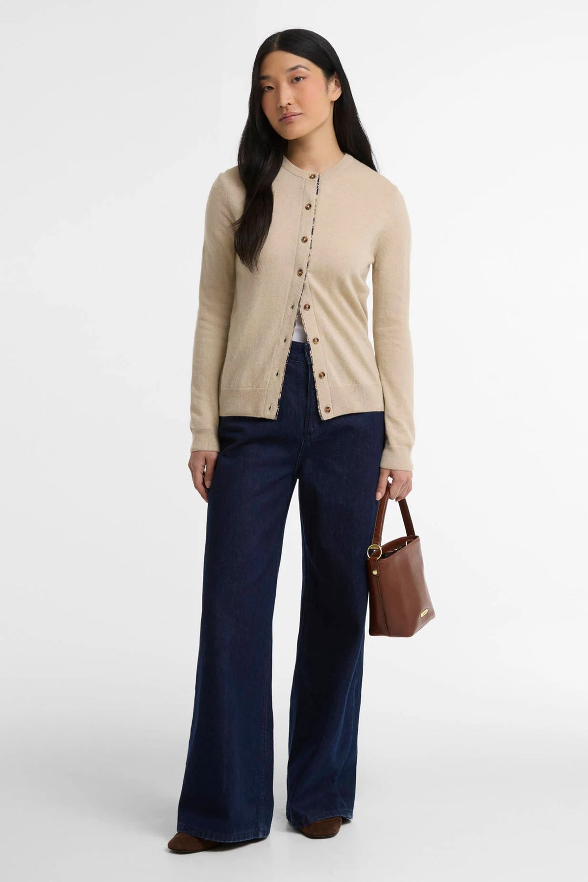 Barbour Pendle Knitted Cardigan #Colour_Honey/Birchwood Tartan