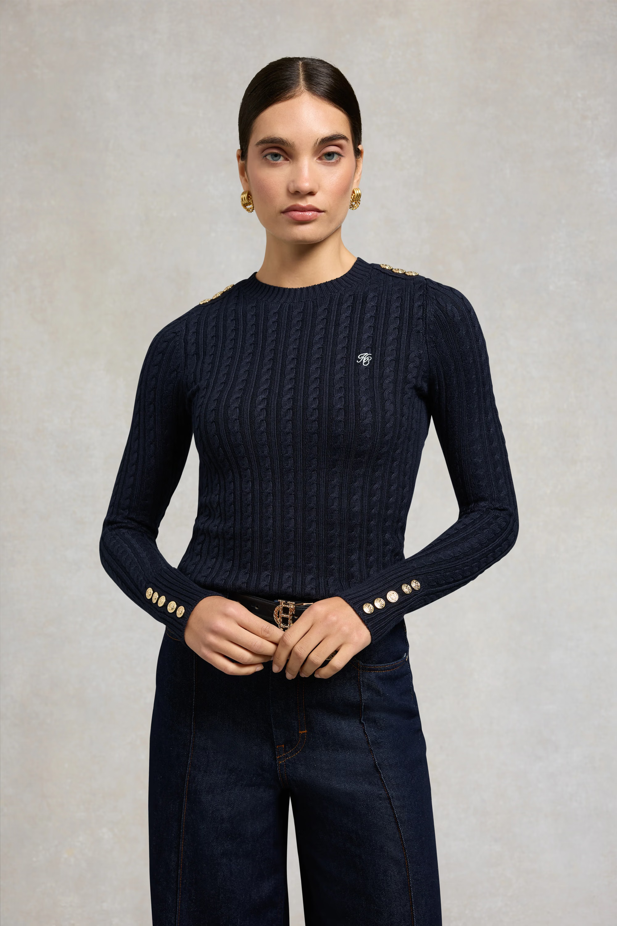 Holland Cooper Seattle Cable Crew Knit #Colour_Ink Navy