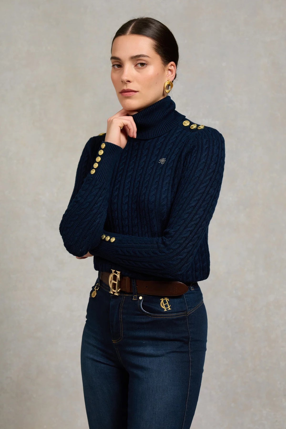 Holland Cooper Seattle Roll Neck Cable Knit #Colour_Ink Navy