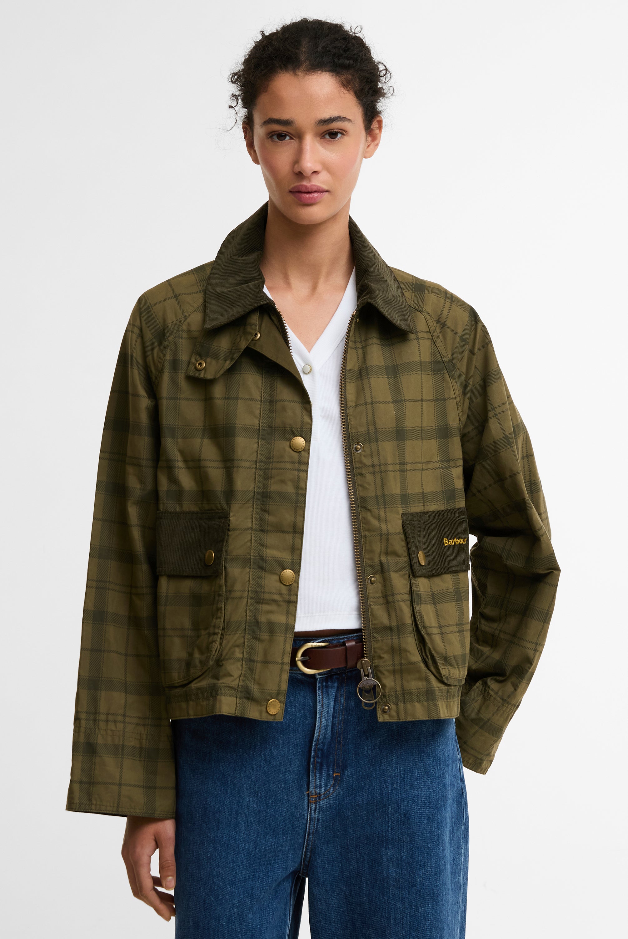Barbour Dusky Green Tartan/Highland Tartan Cropped Beadnell Casual Jacket #Colour_Dusky Green Tartan/Highland