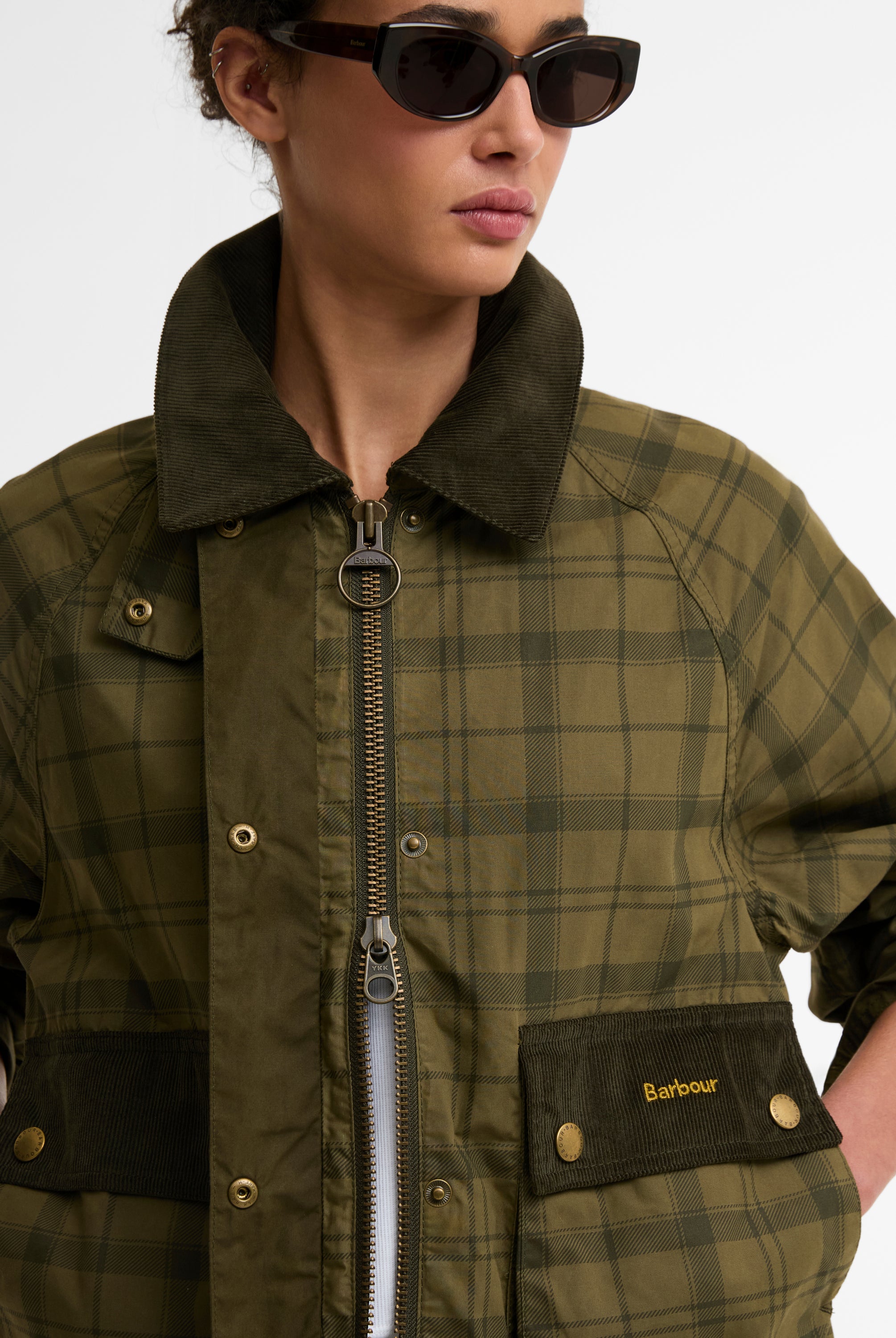 Barbour Dusky Green Tartan/Highland Tartan Cropped Beadnell Casual Jacket #Colour_Dusky Green Tartan/Highland