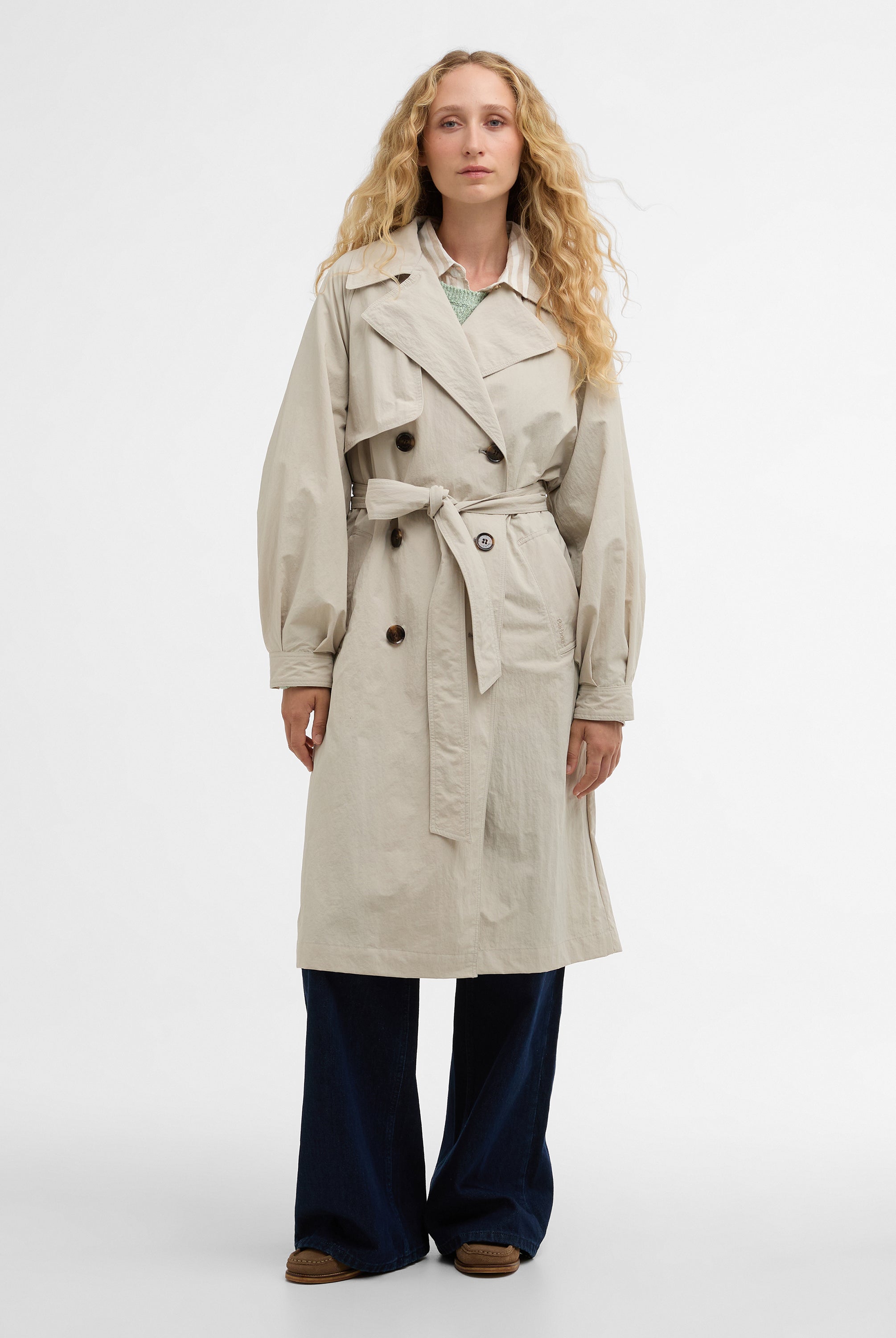 Barbour Mist/Dress Navy Tartan Layla Trench Showerproof Jacket #Colour_Mist/Dress Navy Tartan
