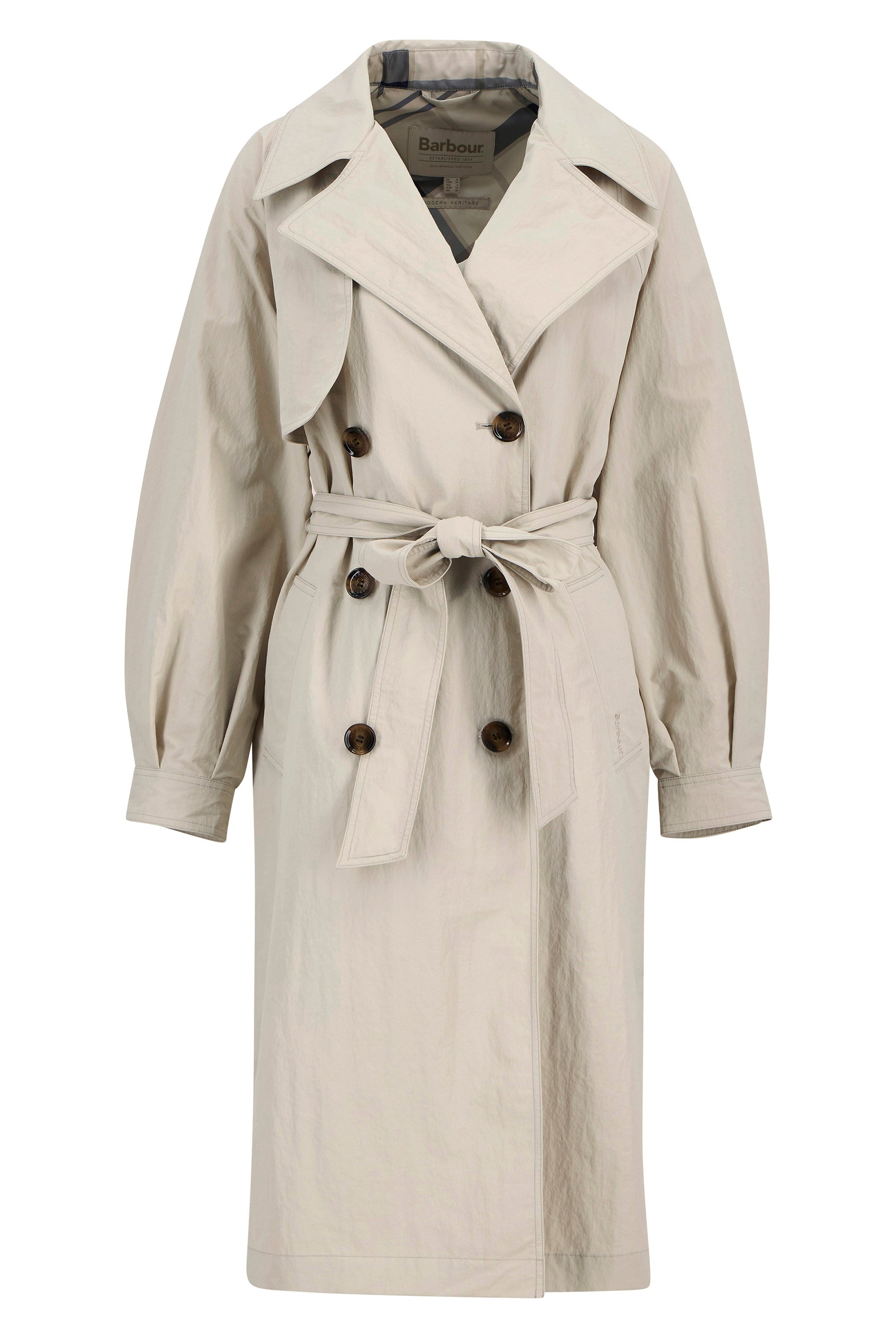 Barbour Mist/Dress Navy Tartan Layla Trench Showerproof Jacket #Colour_Mist/Dress Navy Tartan