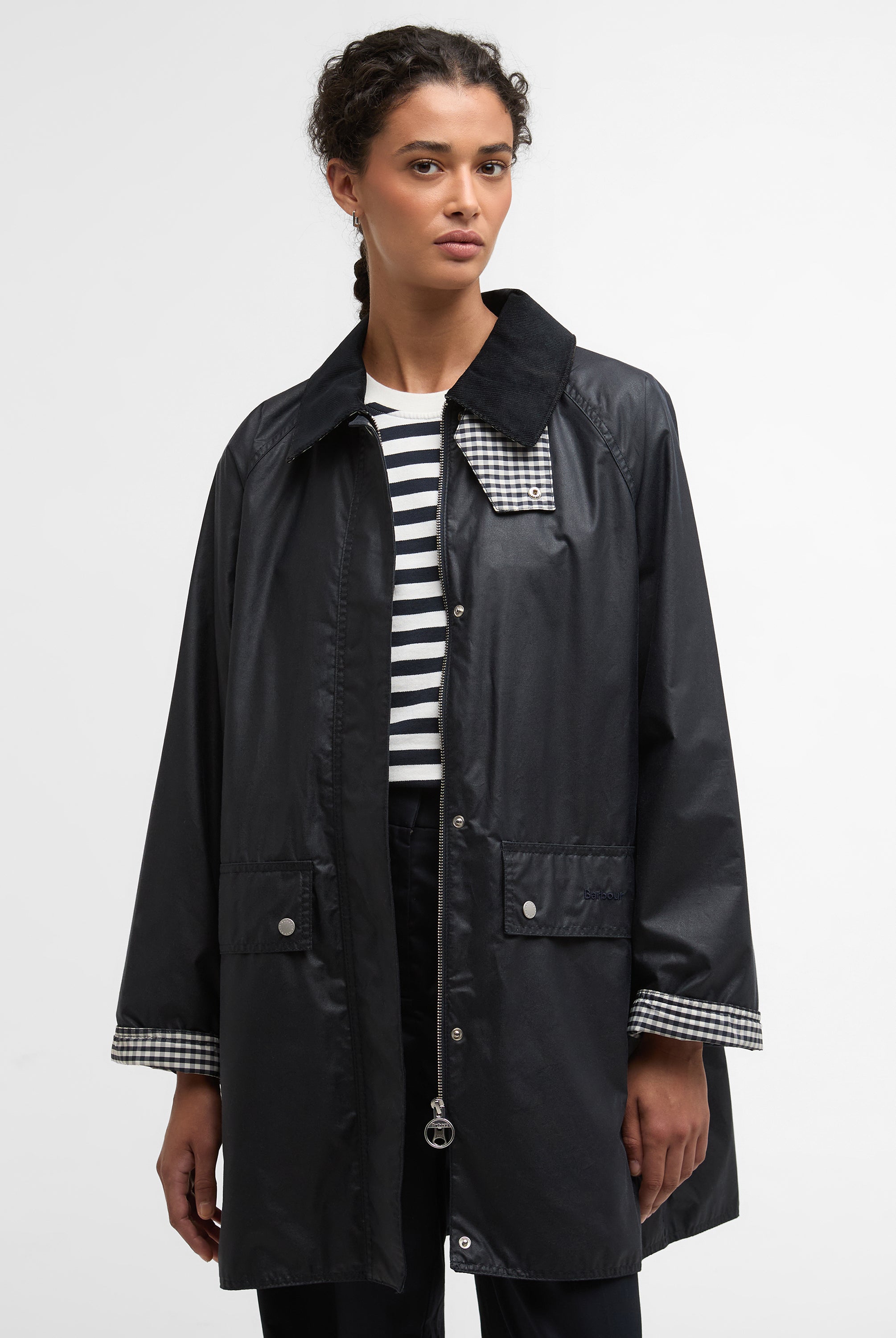 Barbour Royal Navy/Navy Gingham Check Wren Wax Jacket #Colour_Royal Navy/Navy Gingham Check