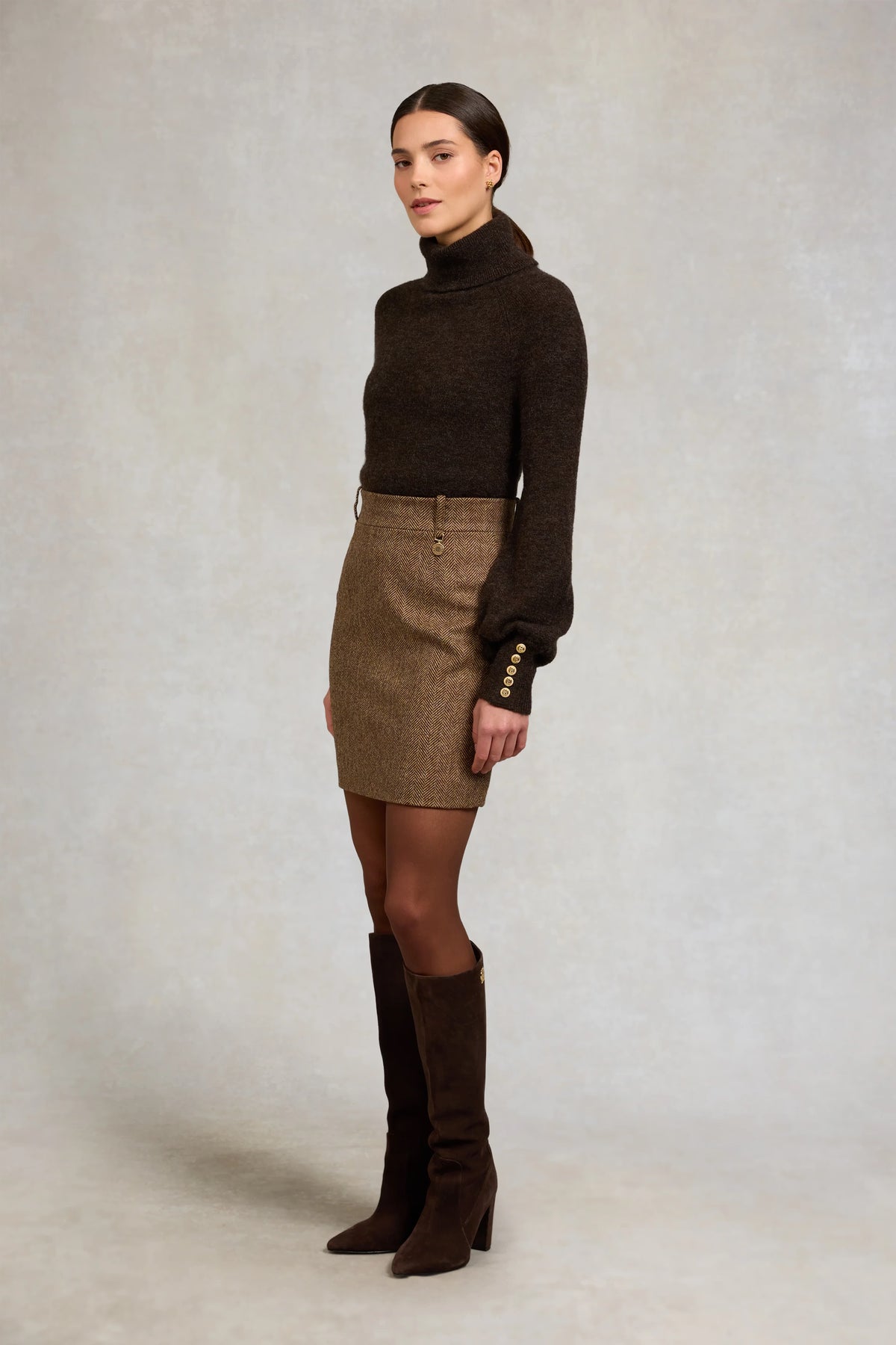 Holland Cooper Regency Skirt #Colour_Large Scale Brown Herringbone