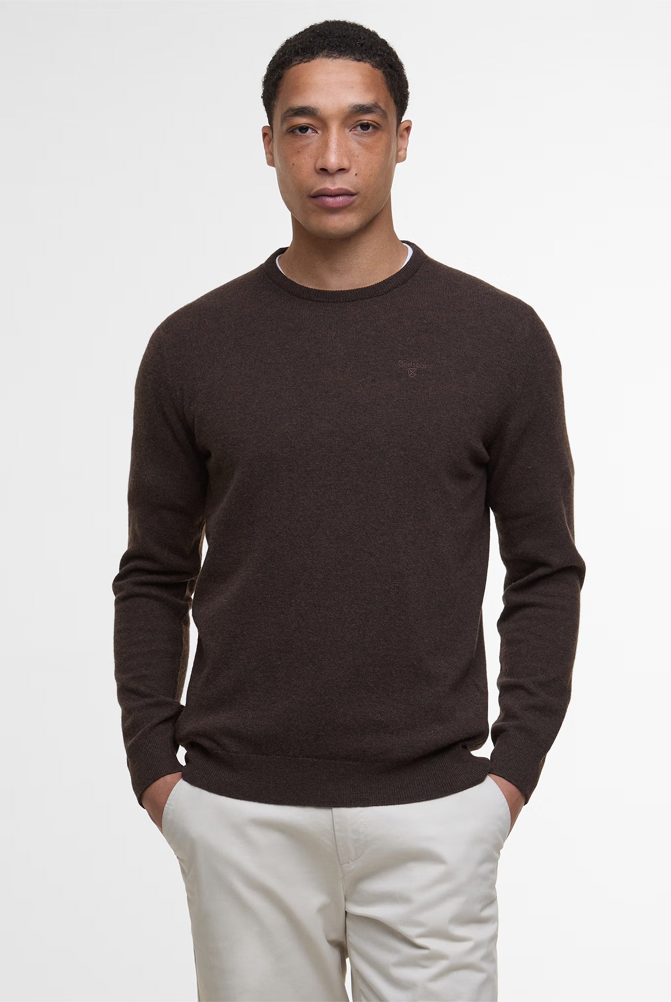 Barbour Essential Lambswool Crew Neck #Colour_Dark Oak