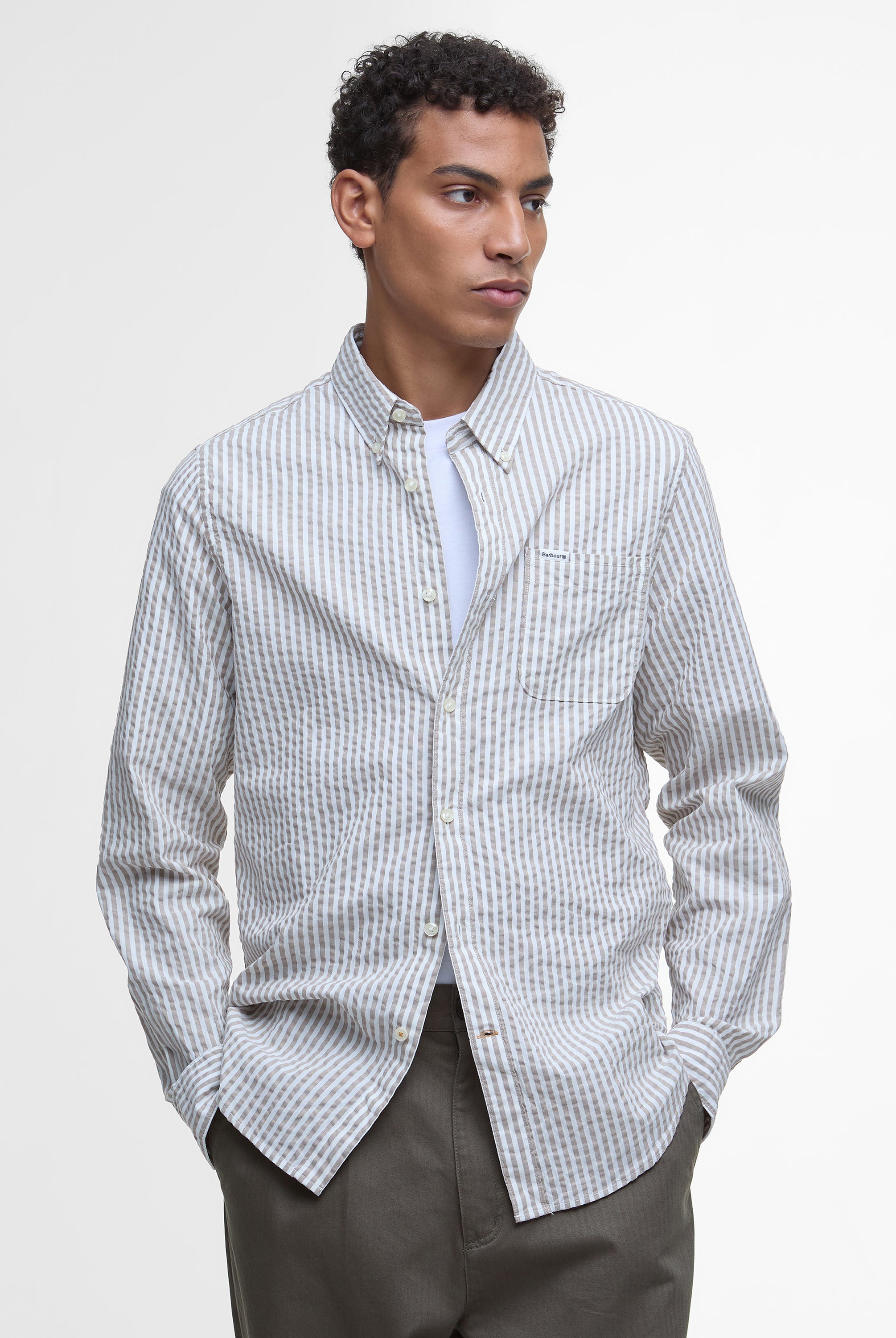 Barbour Stone Cresswell Seersucker LS Tailored Shirt #Colour_Stone