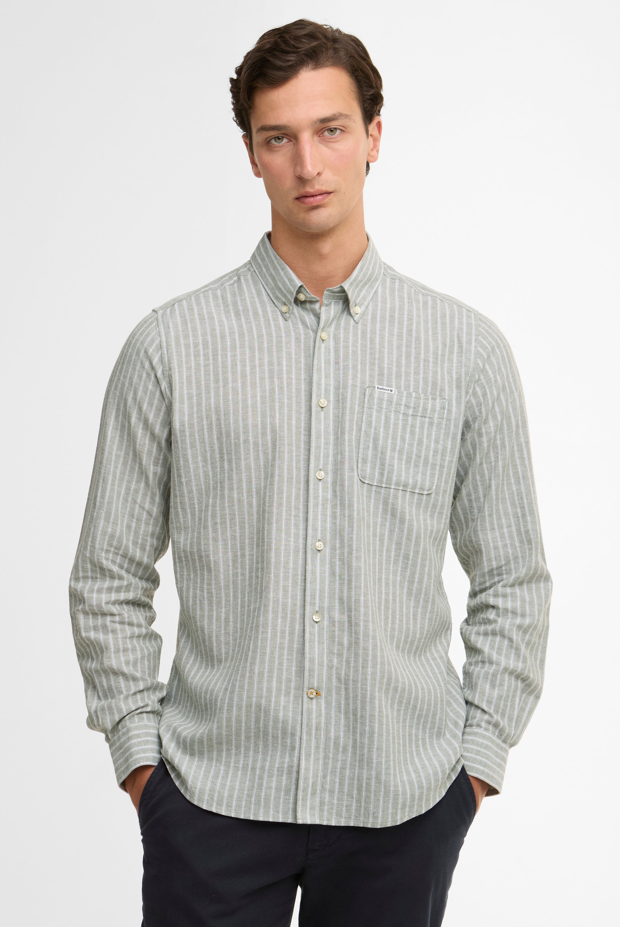 Barbour Bleached Olive Nelson Striped LS Tailored Shirt #Colour_Bleached Olive