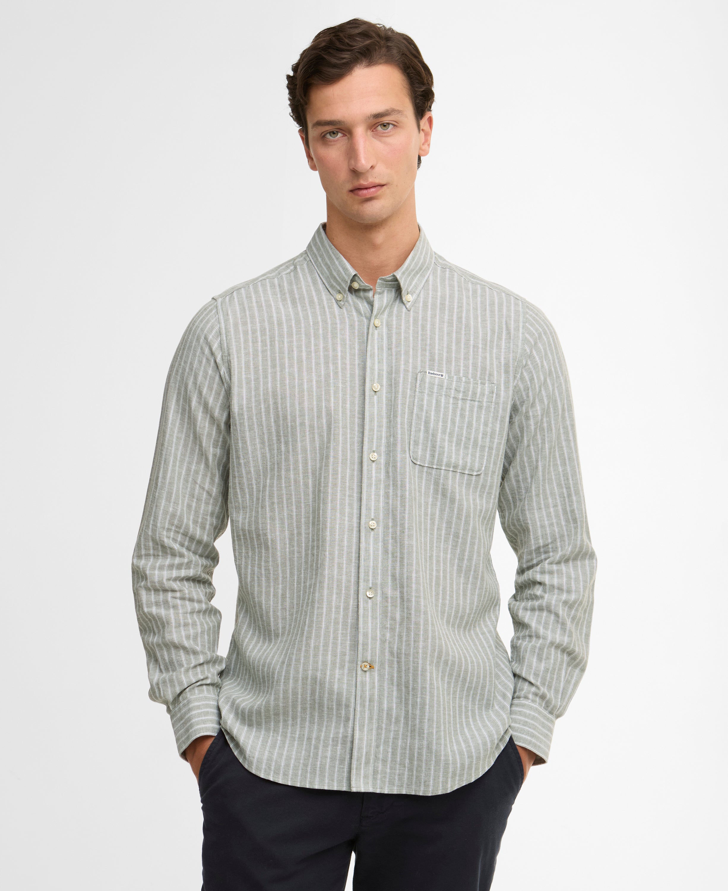 Barbour Bleached Olive Nelson Striped LS Tailored Shirt #Colour_Bleached Olive