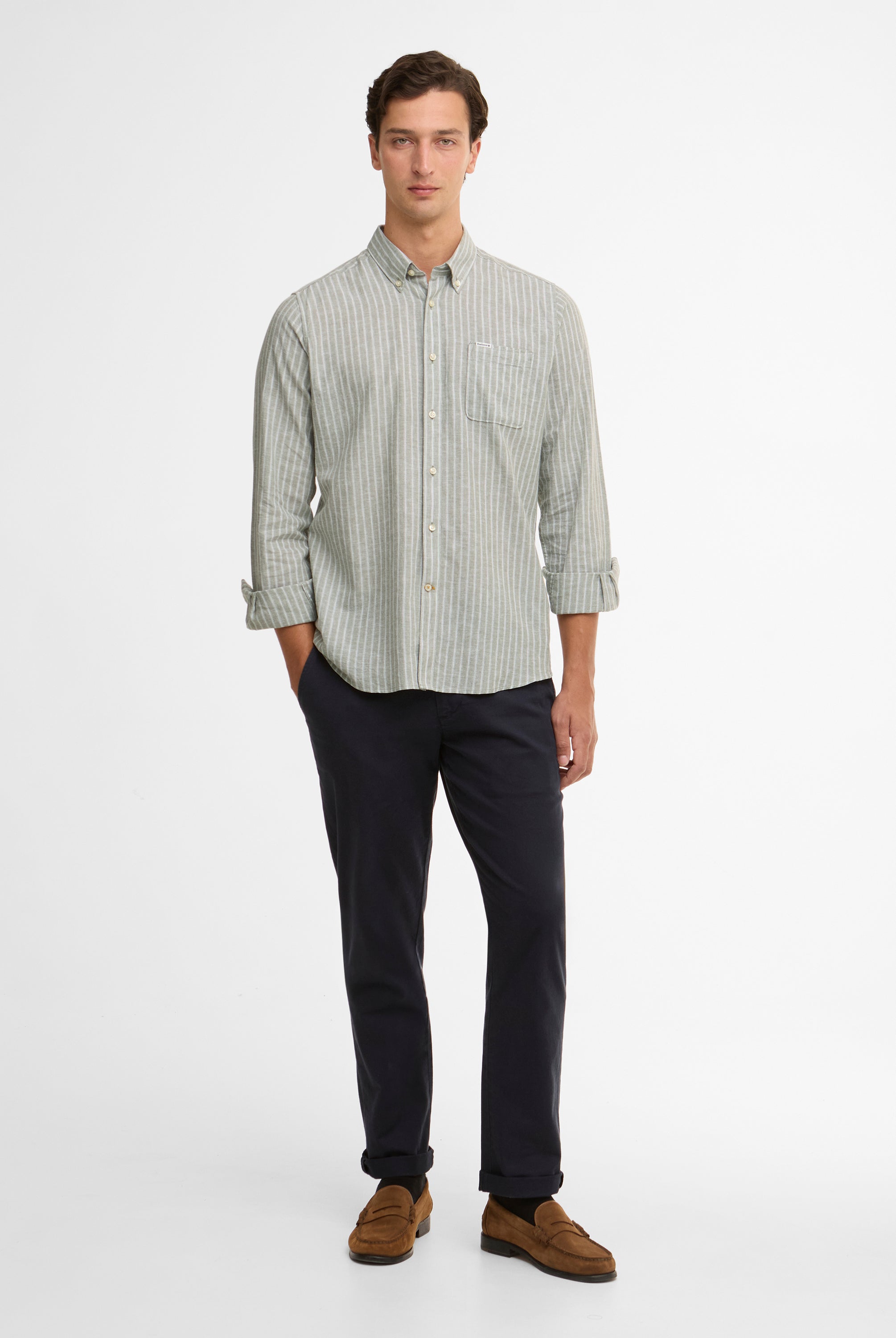 Barbour Bleached Olive Nelson Striped LS Tailored Shirt #Colour_Bleached Olive