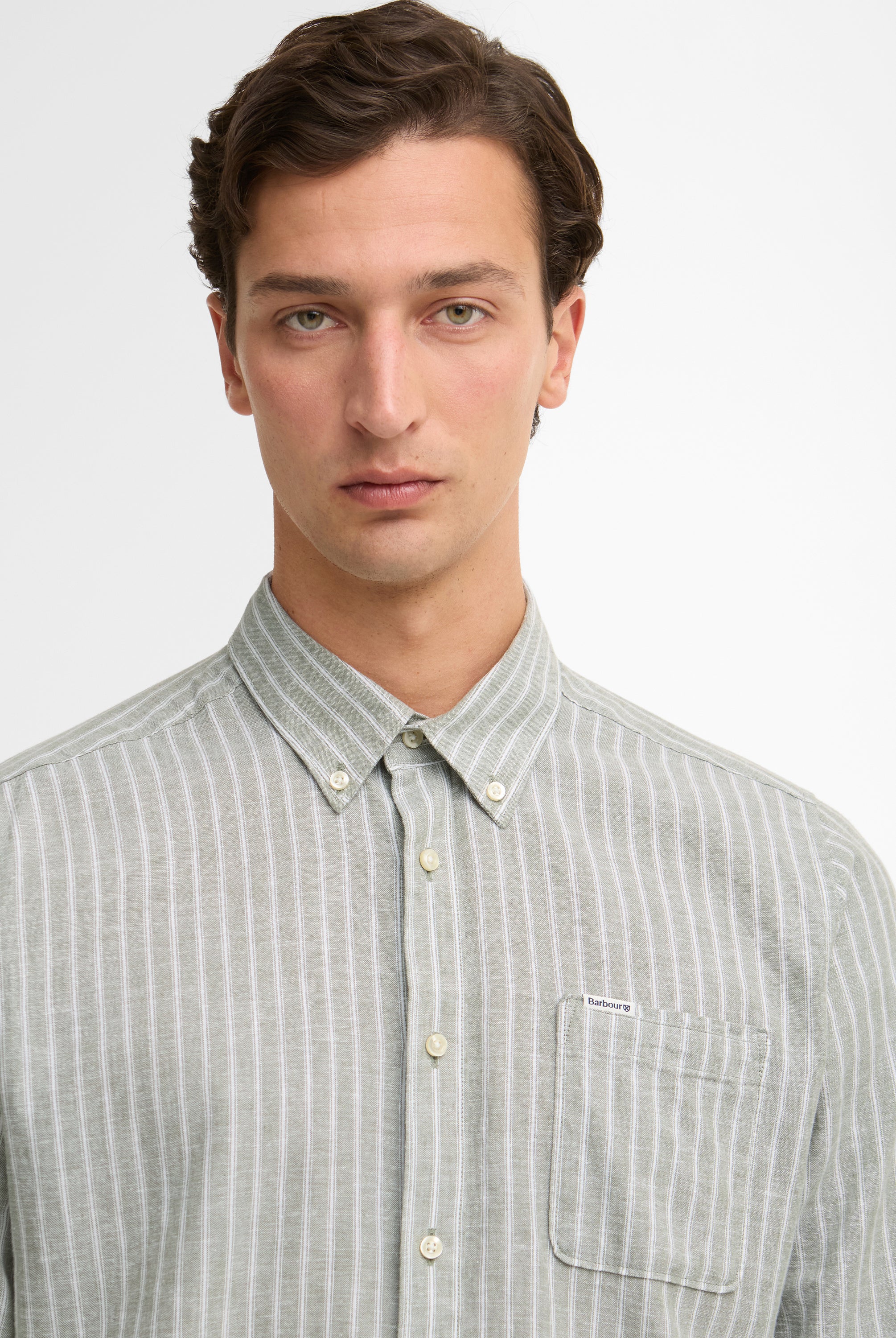Barbour Bleached Olive Nelson Striped LS Tailored Shirt #Colour_Bleached Olive