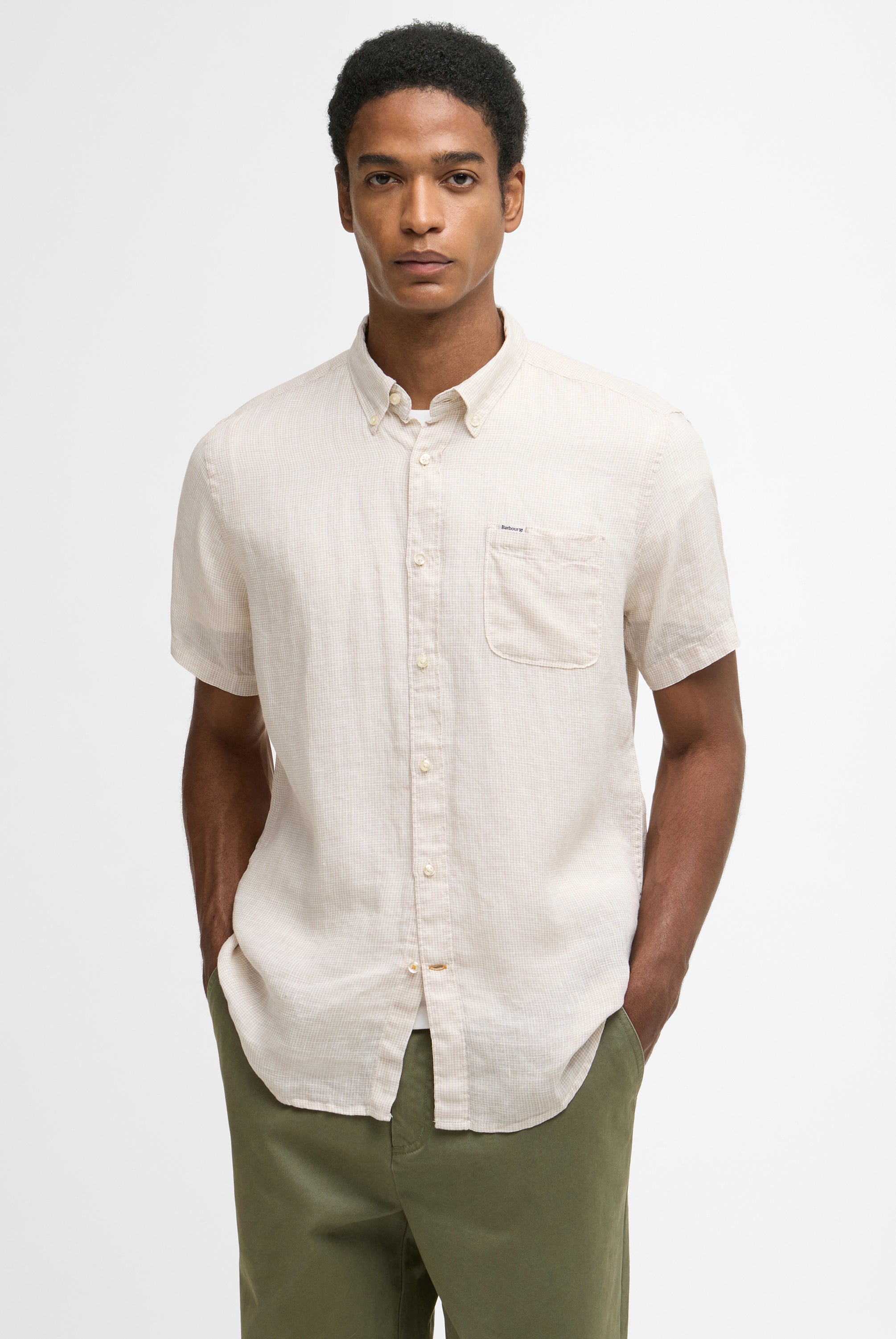 Barbour Mist Linton Linen SS Tailored Shirt #Colour_Mist