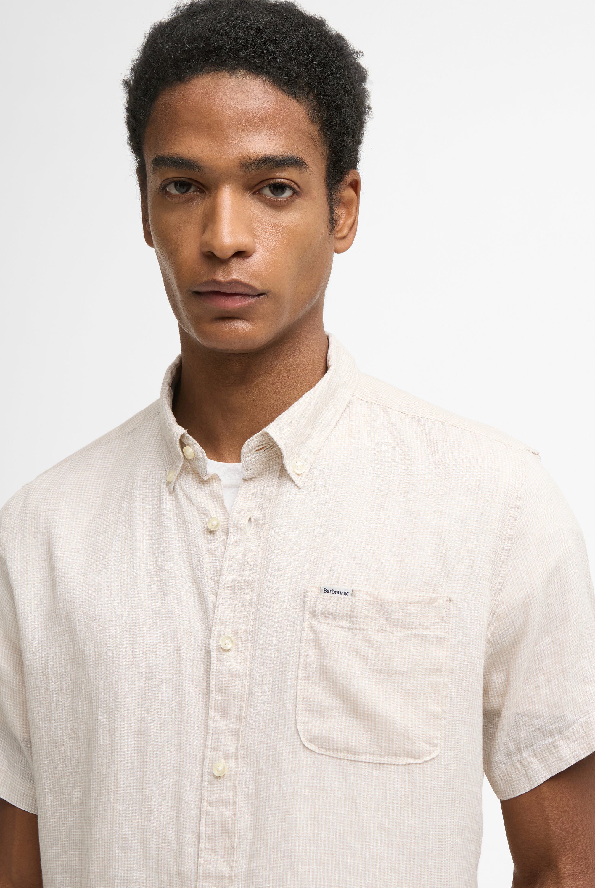 Barbour Mist Linton Linen SS Tailored Shirt #Colour_Mist