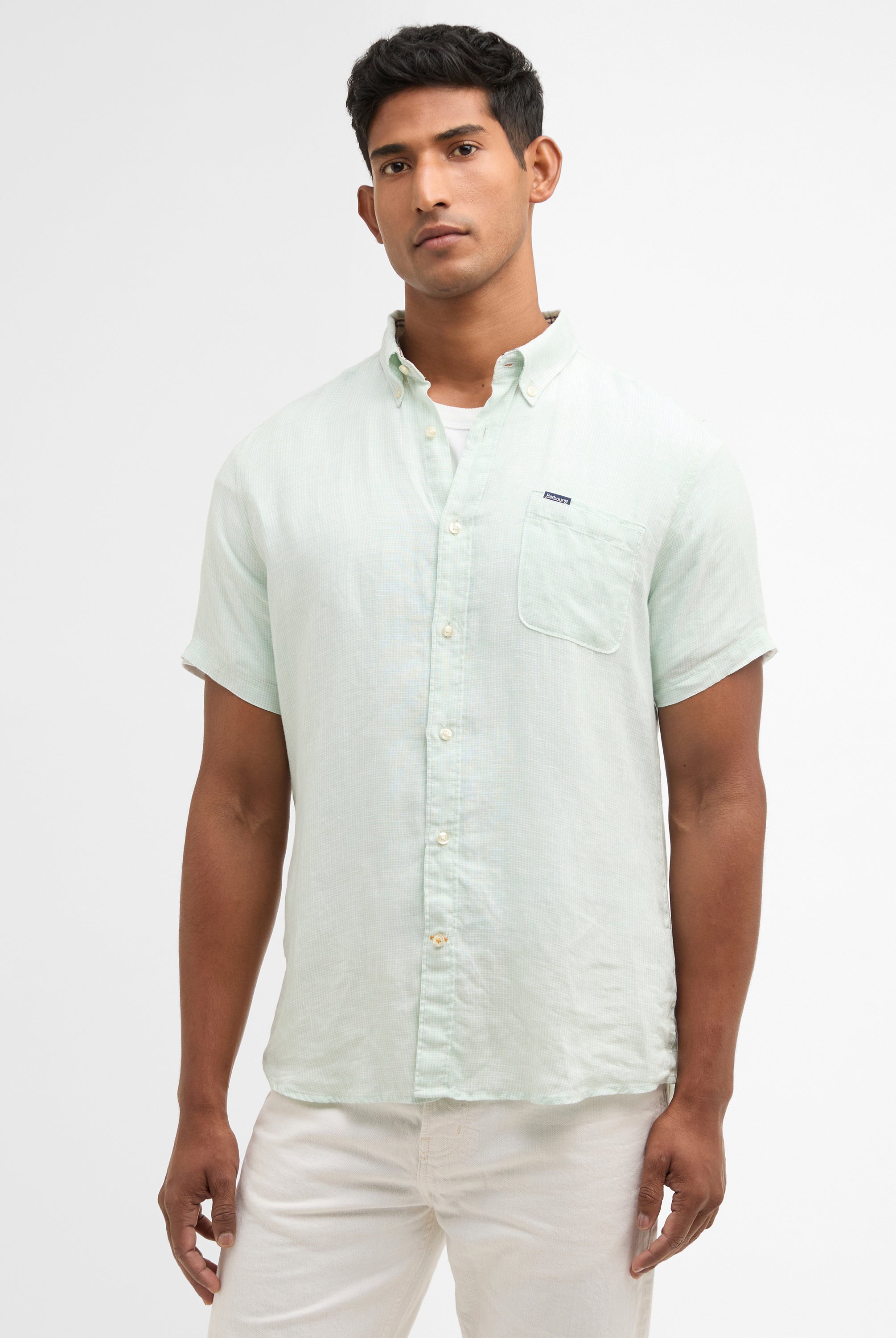 Barbour Mint Blue Linton Linen SS Tailored Shirt #Colour_Mint Blue