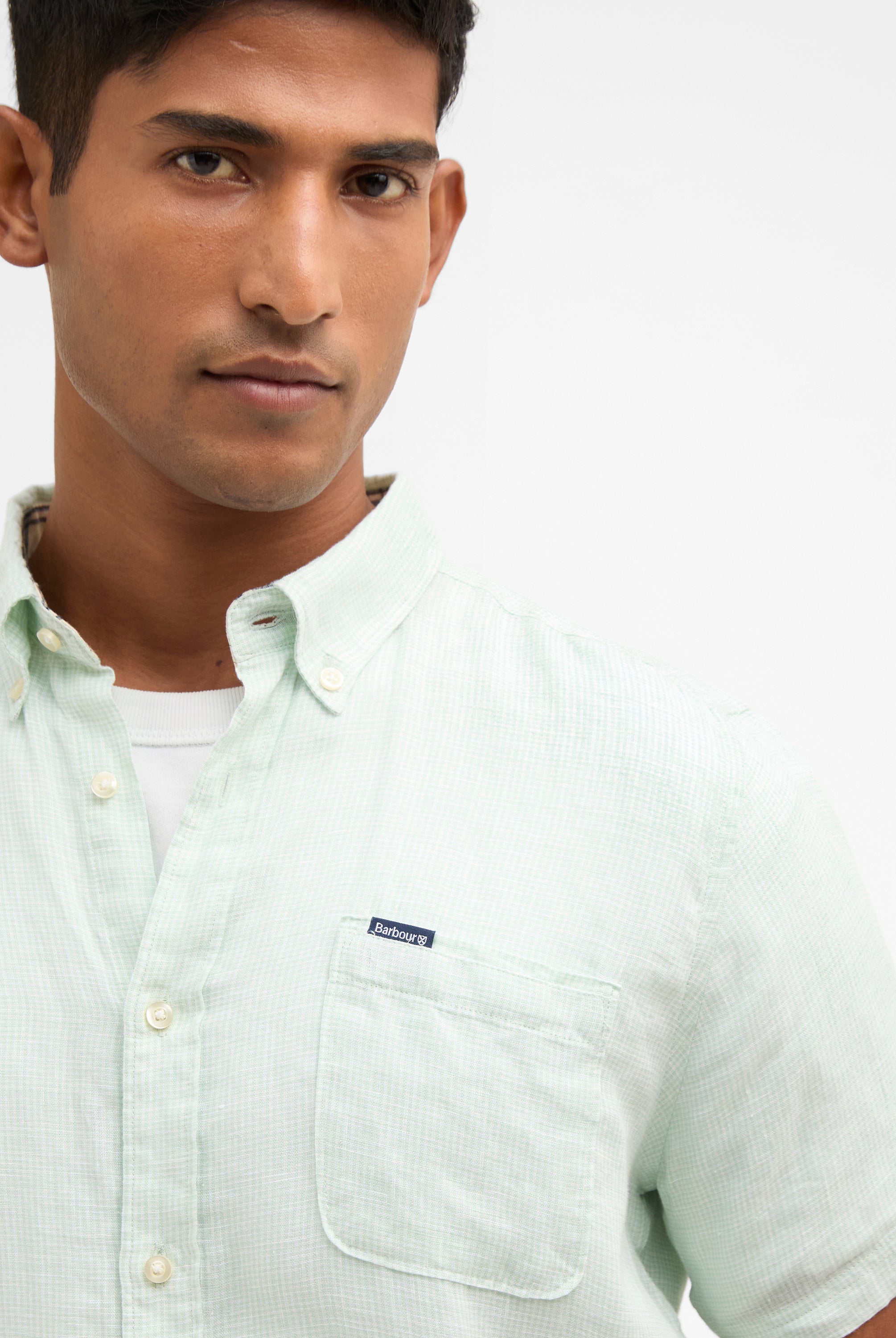 Barbour Mint Blue Linton Linen SS Tailored Shirt #Colour_Mint Blue