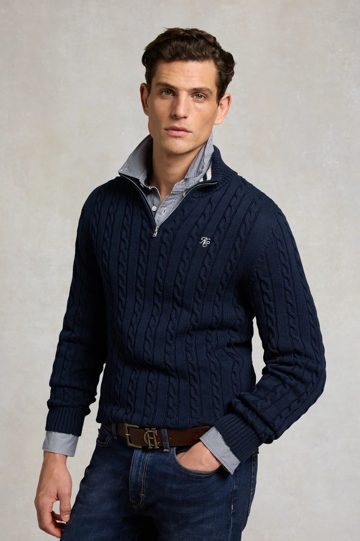 Holland Cooper Men's Cable Quarter Zip Knit #Colour_Ink Navy