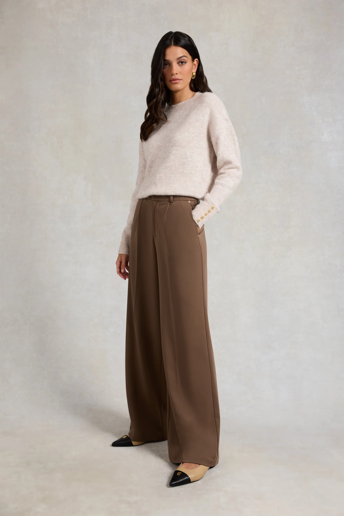 Holland Cooper Pleated Wide Leg Trouser #Colour_Mocha