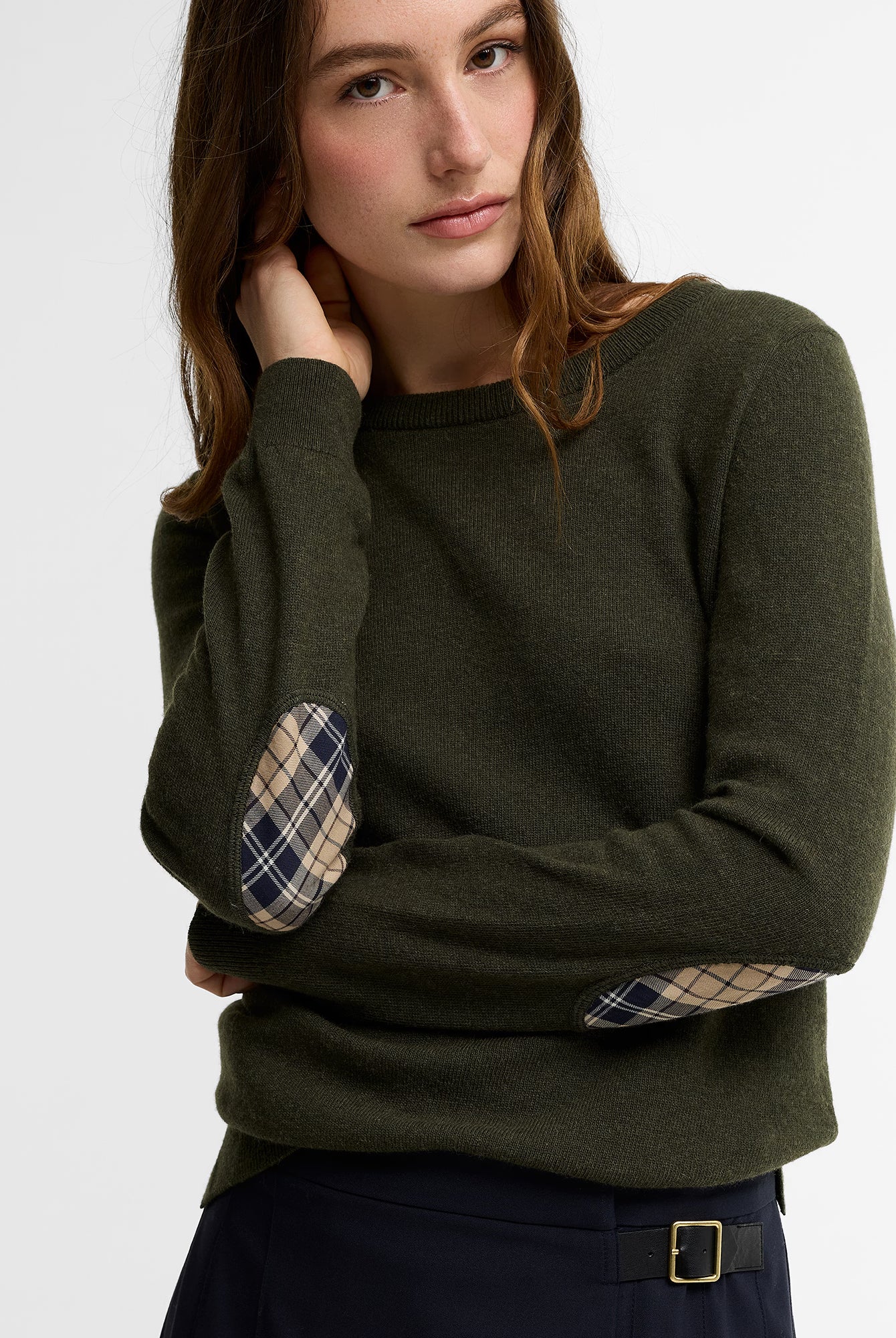 Barbour Pendle Crew Knitted Jumper #Colour_Olive/Birchwood Tartan
