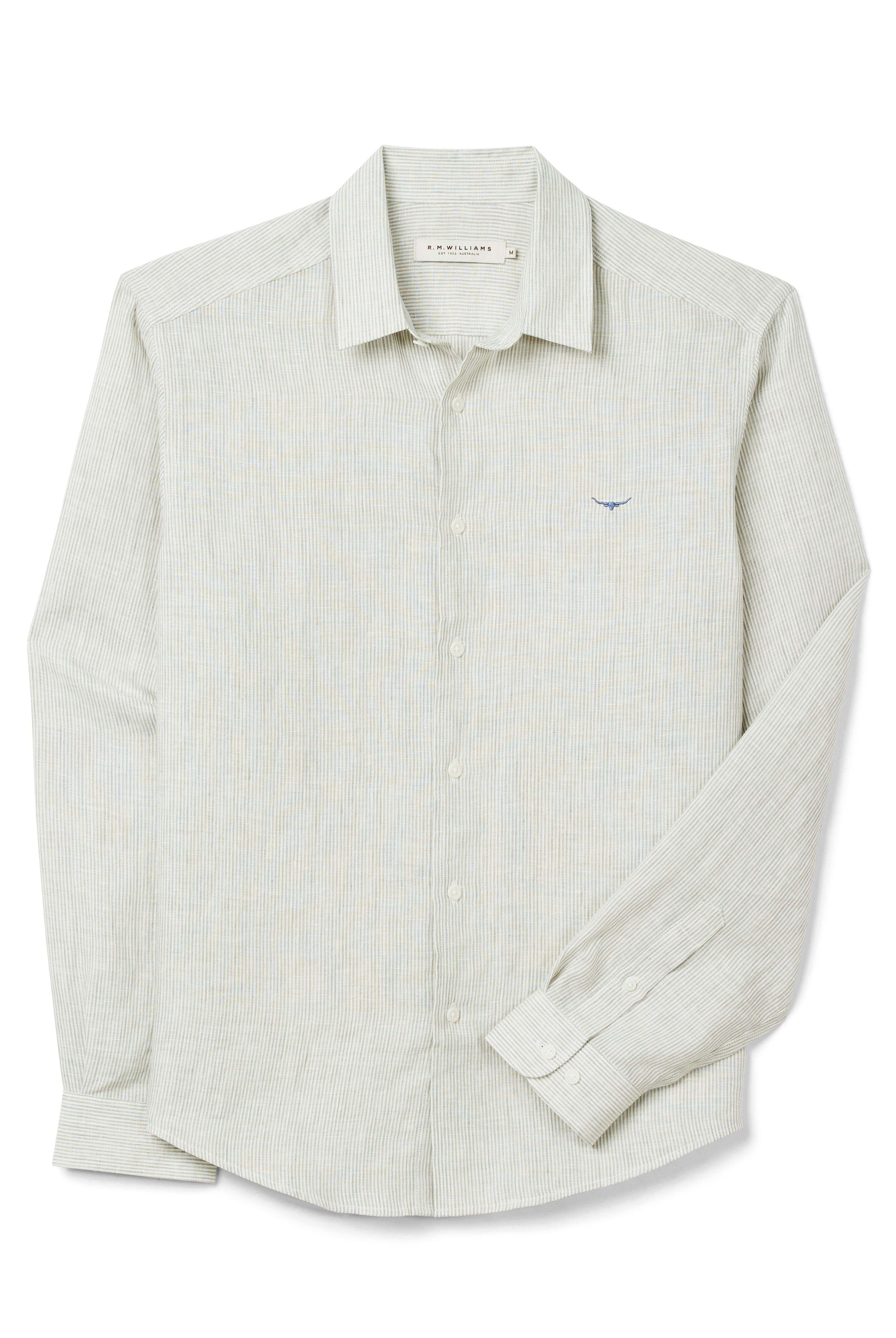 R.M. Williams White & Green Stripe Stephens Regular Linen Shirt #Colour_White & Green Stripe