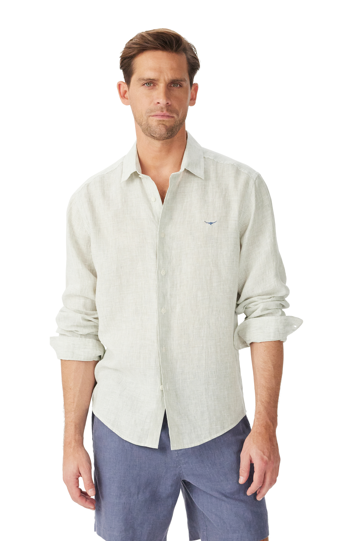 R.M. Williams White & Green Stripe Stephens Regular Linen Shirt #Colour_White & Green Stripe