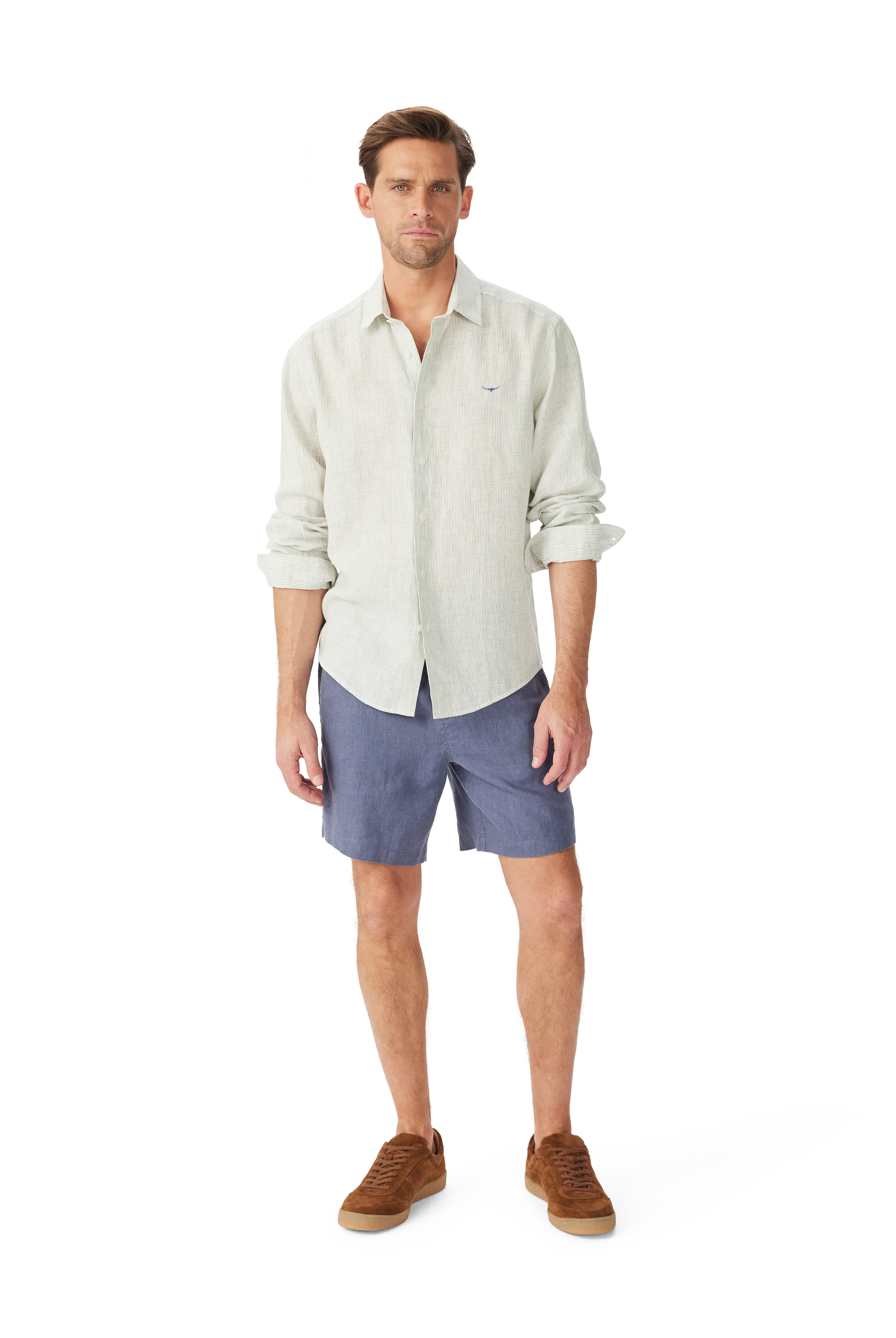 R.M. Williams White & Green Stripe Stephens Regular Linen Shirt #Colour_White & Green Stripe