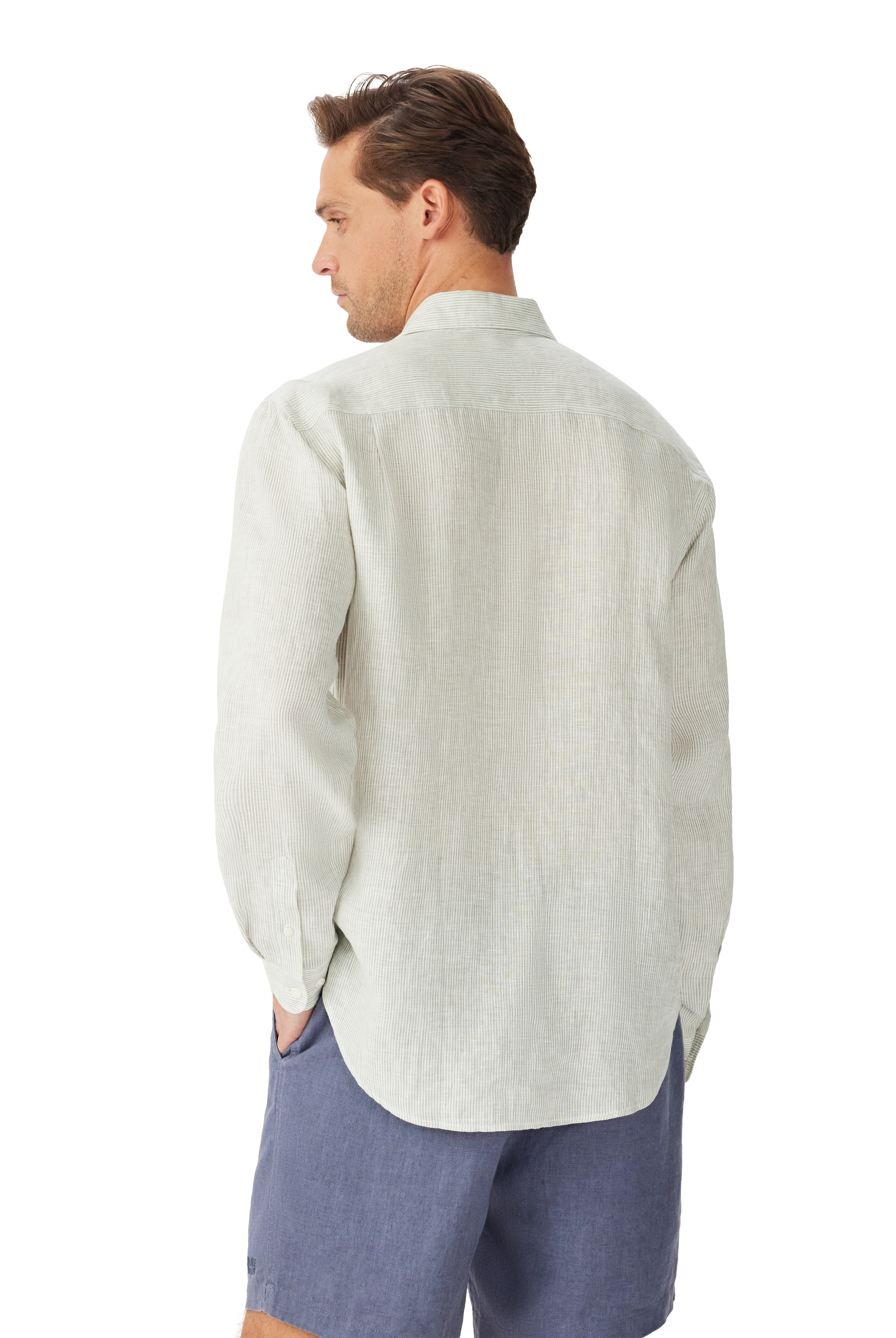 R.M. Williams White & Green Stripe Stephens Regular Linen Shirt #Colour_White & Green Stripe
