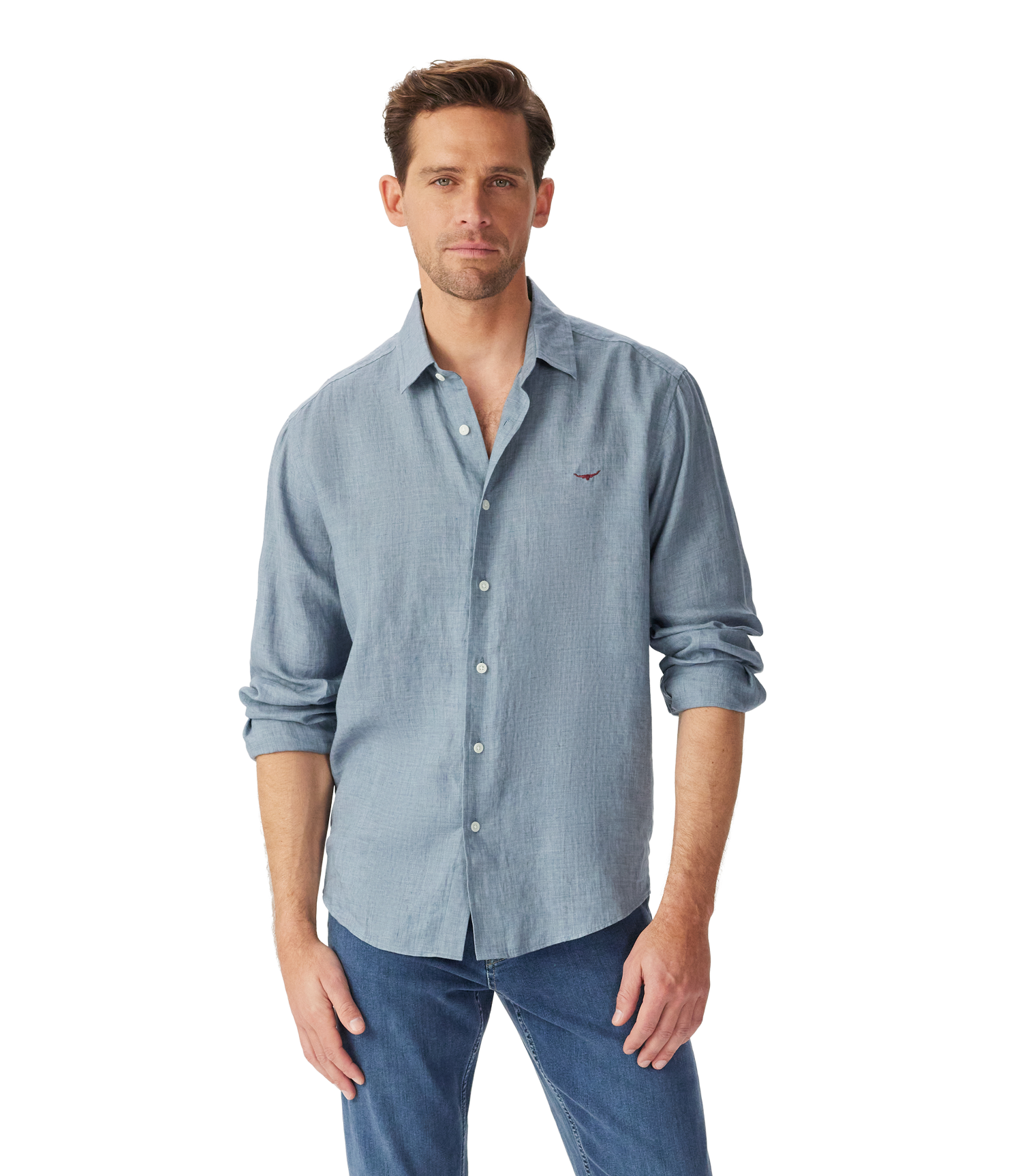 R.M. Williams Steel Blue Newman Classic Linen Shirt #Colour_Steel Blue