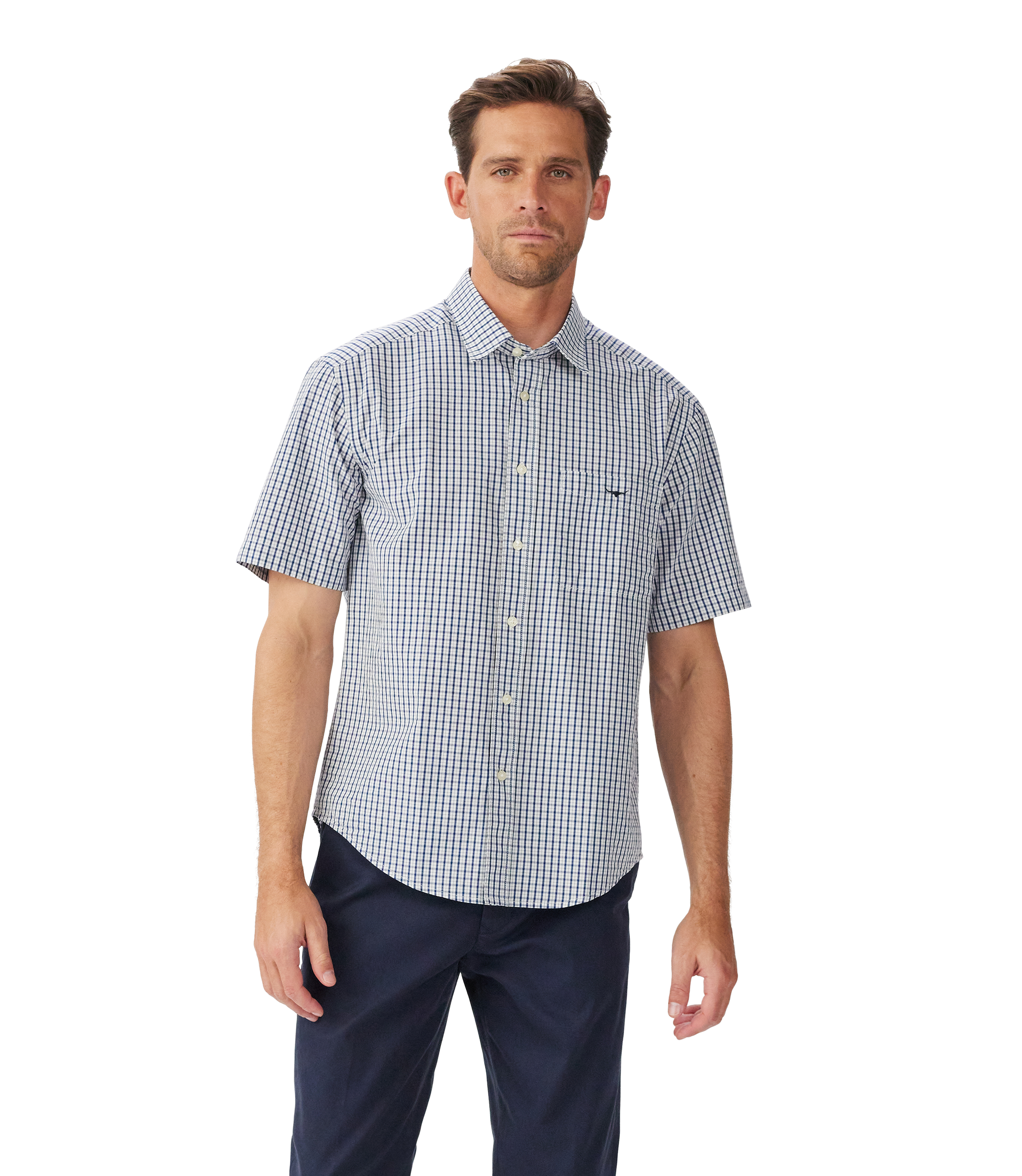 R.M. Williams White/Blue Augusta Poplin SS Shirt #Colour_White/Blue