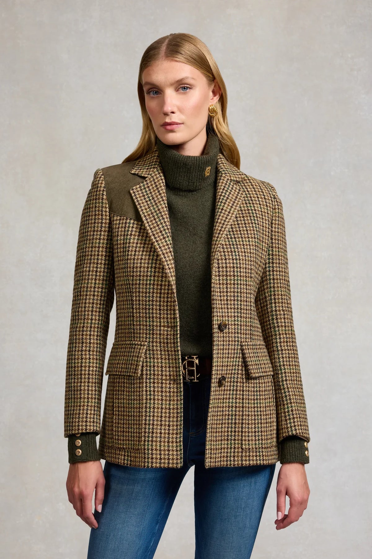 Holland Cooper Single Breasted Field Blazer #Colour_Hailes Green Tweed