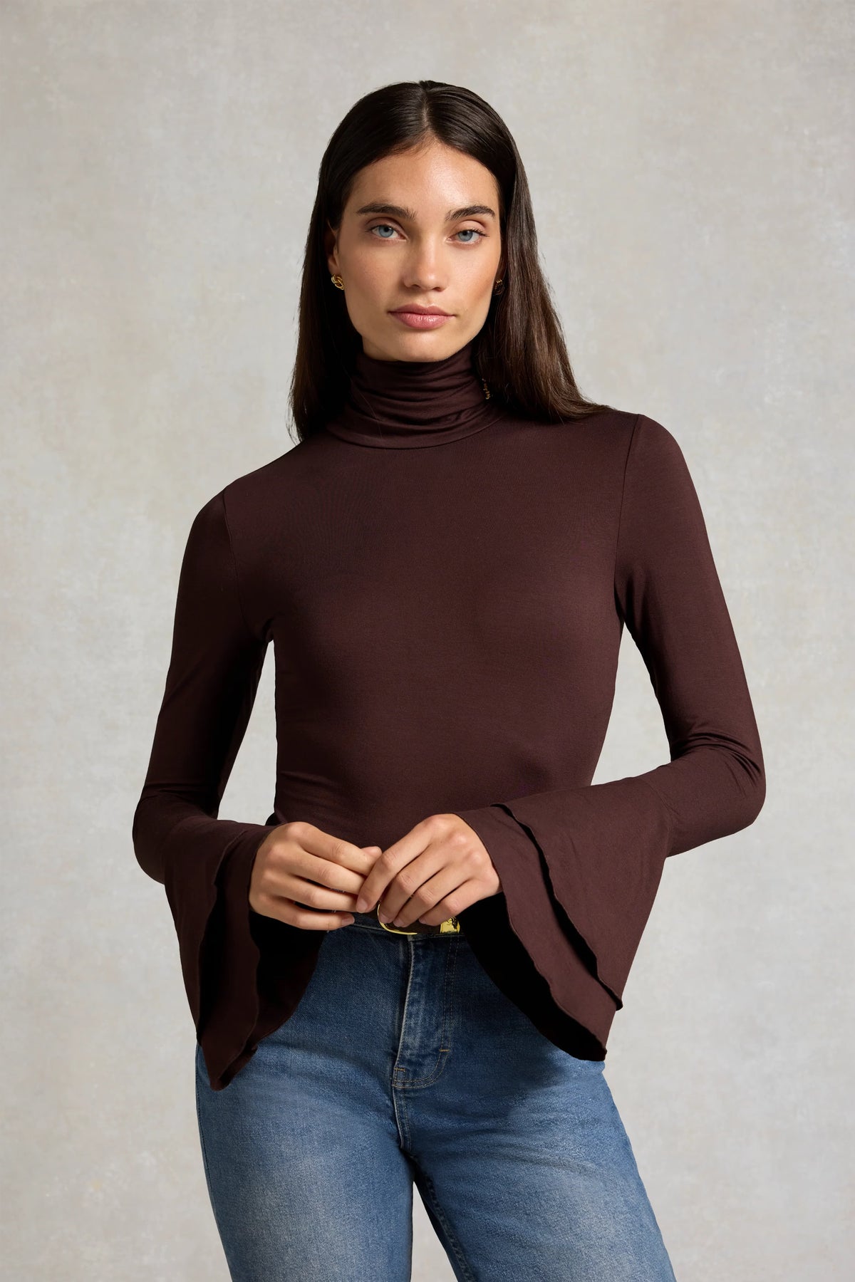 Holland Cooper Supersoft Fluted Roll Neck Top #Colour_Walnut